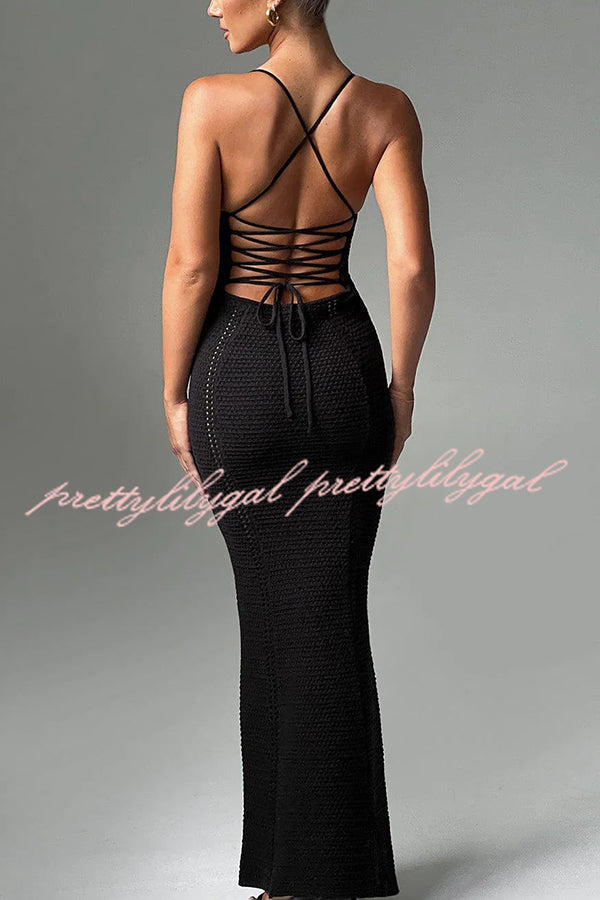 Elegant Knit Crochet Hollow Out Back Lace Up Stretch Maxi Dress for Women - Summer Beach Vacation & Boho Chic Outfit