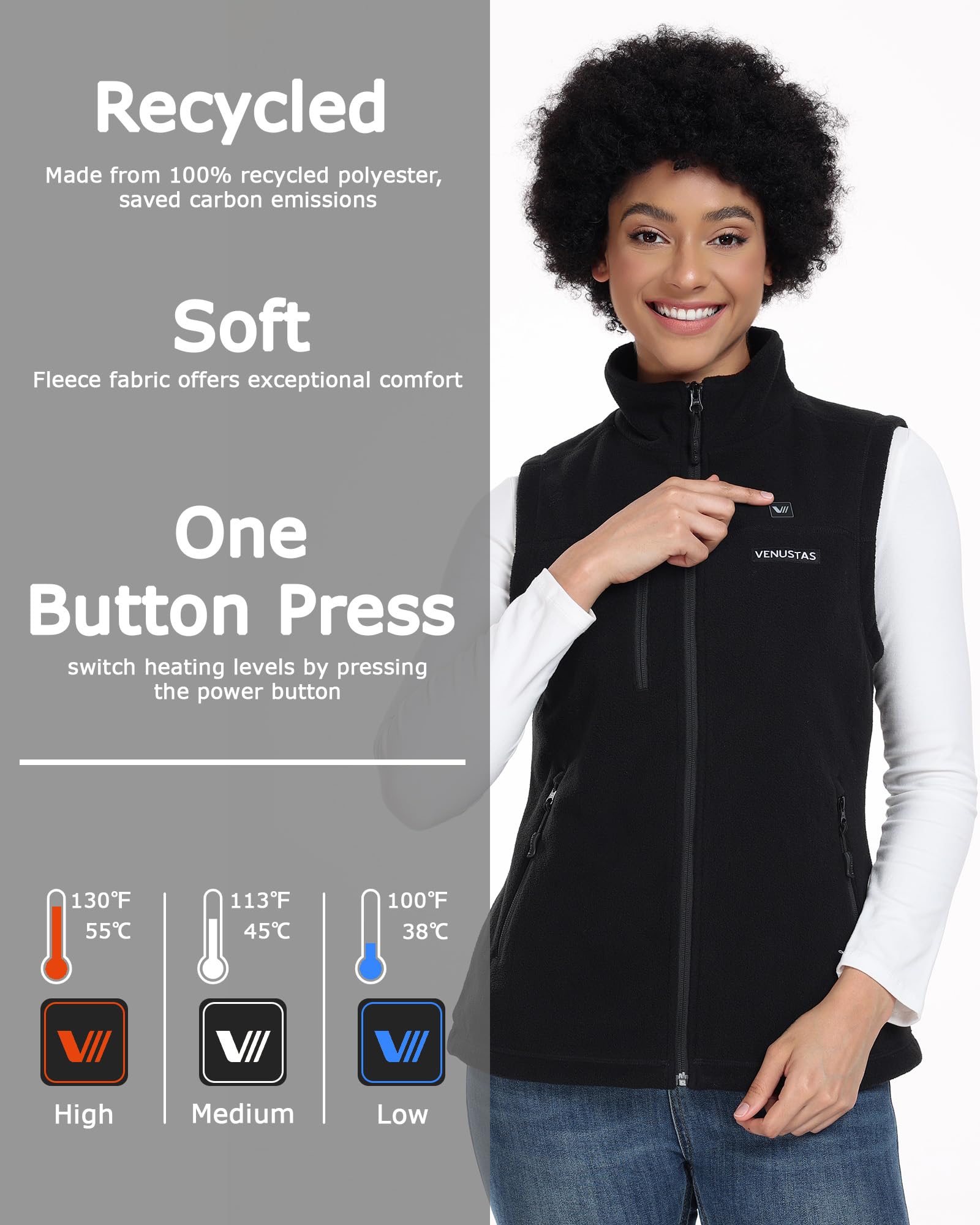 Venustas Women's Heated Vest with 6 Heating Zones - Lightweight Electric Fleece Jacket with Rechargeable Battery for Outdoor, Hiking & Winter Activities