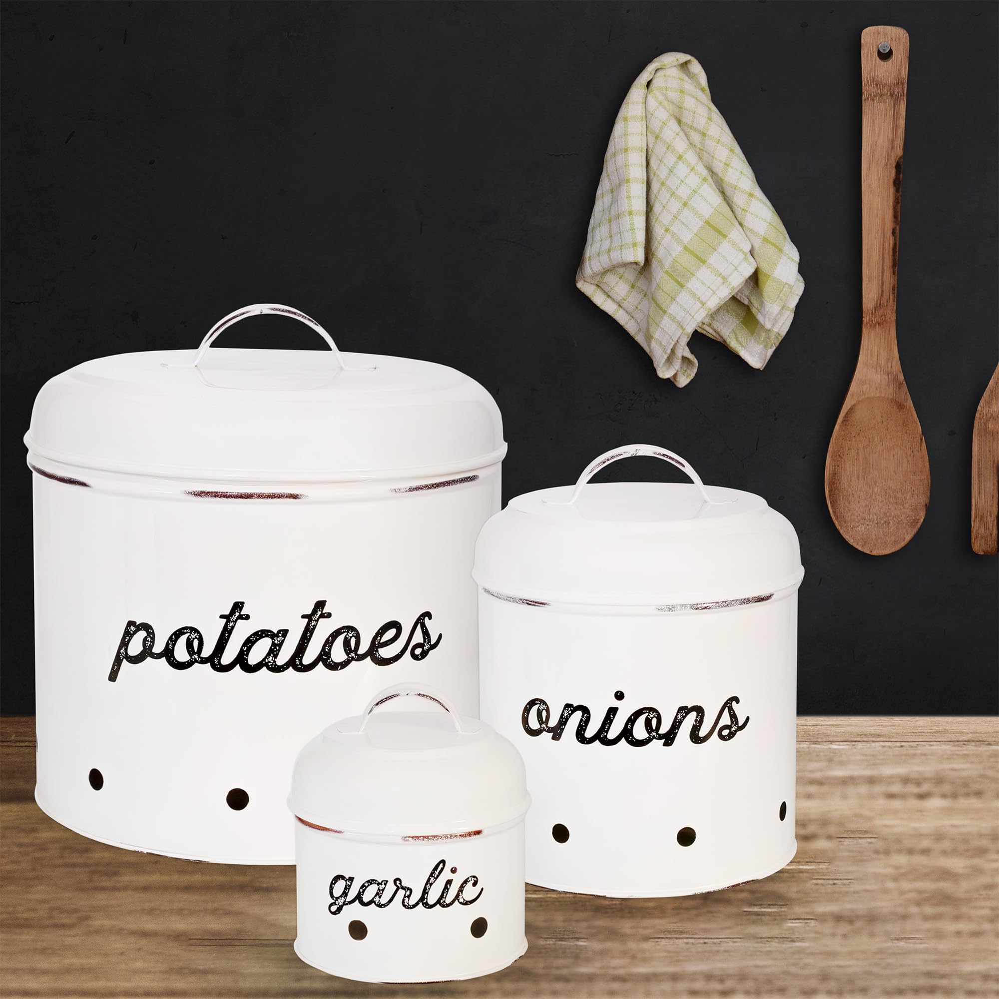 AuldHome Rustic White Enamelware Canister Set - 3-Piece Potato, Onion & Garlic Storage Containers for Kitchen Pantry Organization | Farmhouse Style Vegetable Bins for Countertop or Cabinet Storage