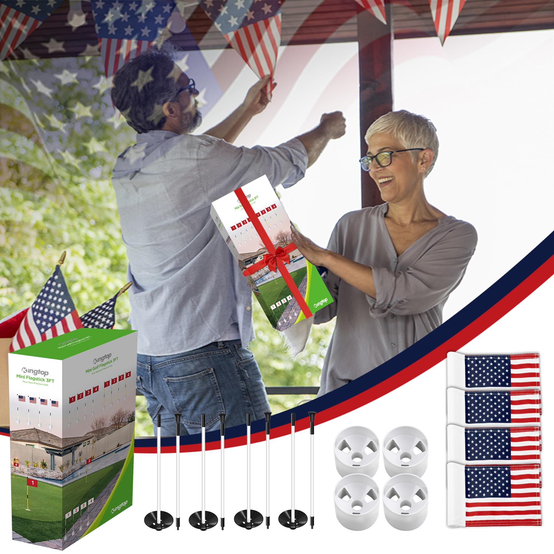 KINGTOP Golf Flagstick Mini - 3ft Practice Putting Green Flags for Yard & Golf Pin Flag Hole Cup Combo Kit | Portable 2-Section Fiberglass Design with Double-Side American Flag | Perfect for Backyard Golf Practice, Indoor Putting Greens & Outdoor Training
