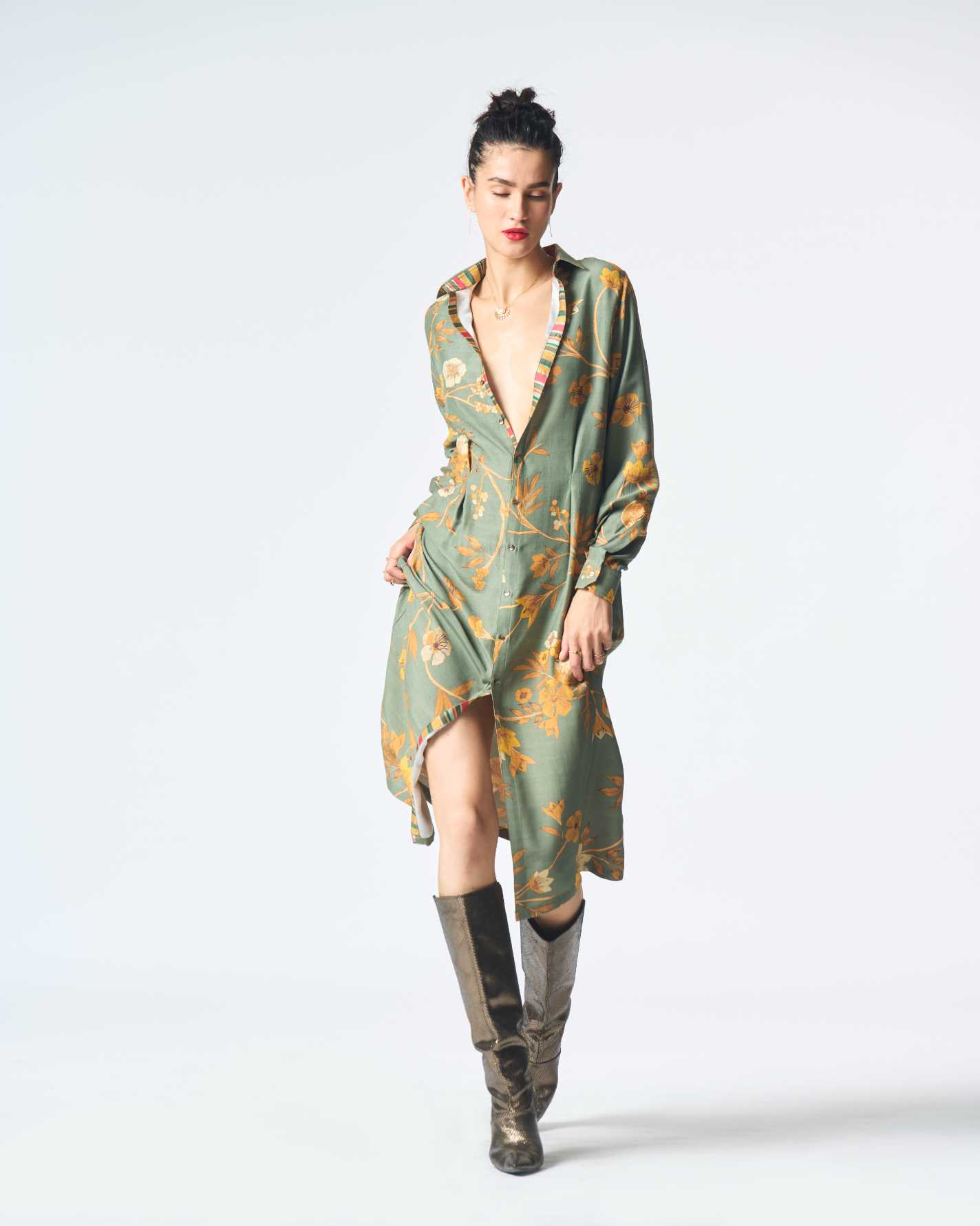 Elegant Pleated Muga Satin Dress in Sage Green - Perfect for Weddings, Parties & Special Occasions