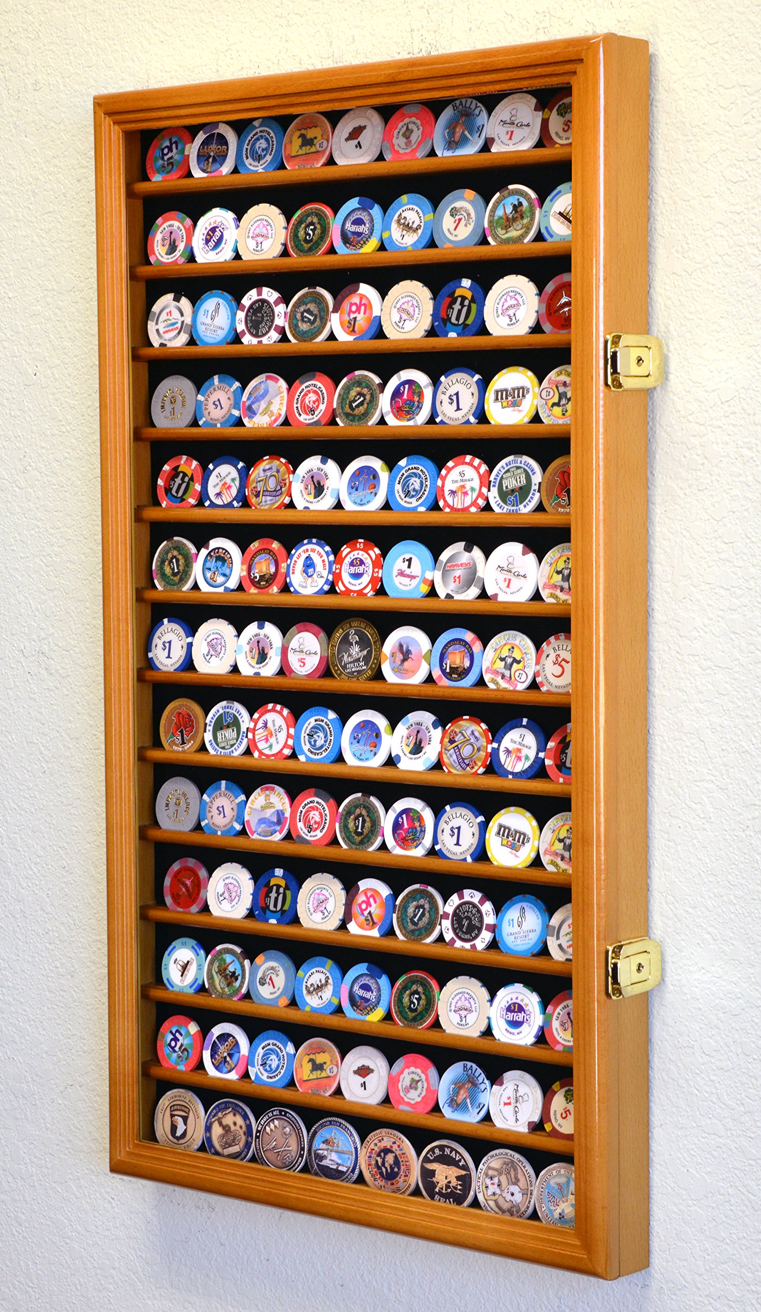 117 L Casino Chip Coin Display Case Cabinet - Lockable Oak Wall Rack with 98% UV Protection for Poker Chips & Collectibles - Perfect for Home Game Rooms, Casinos, and Collector Displays