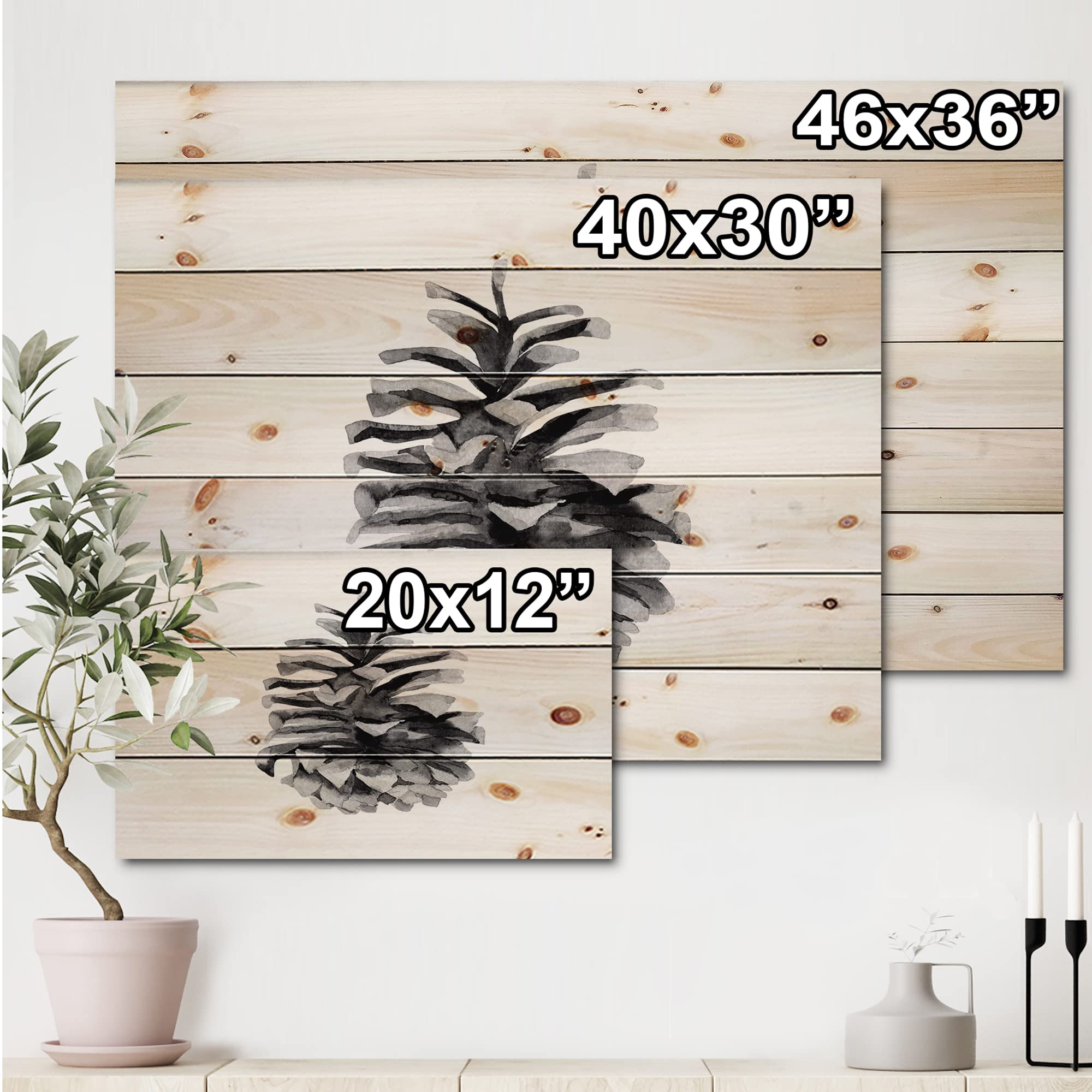DesignQ Conifer Cone Monochrome Wood Wall Art - Black Traditional Wood Decor, Large Floral Pine Wood Panel for Living Room, Bedroom & Office Decoration