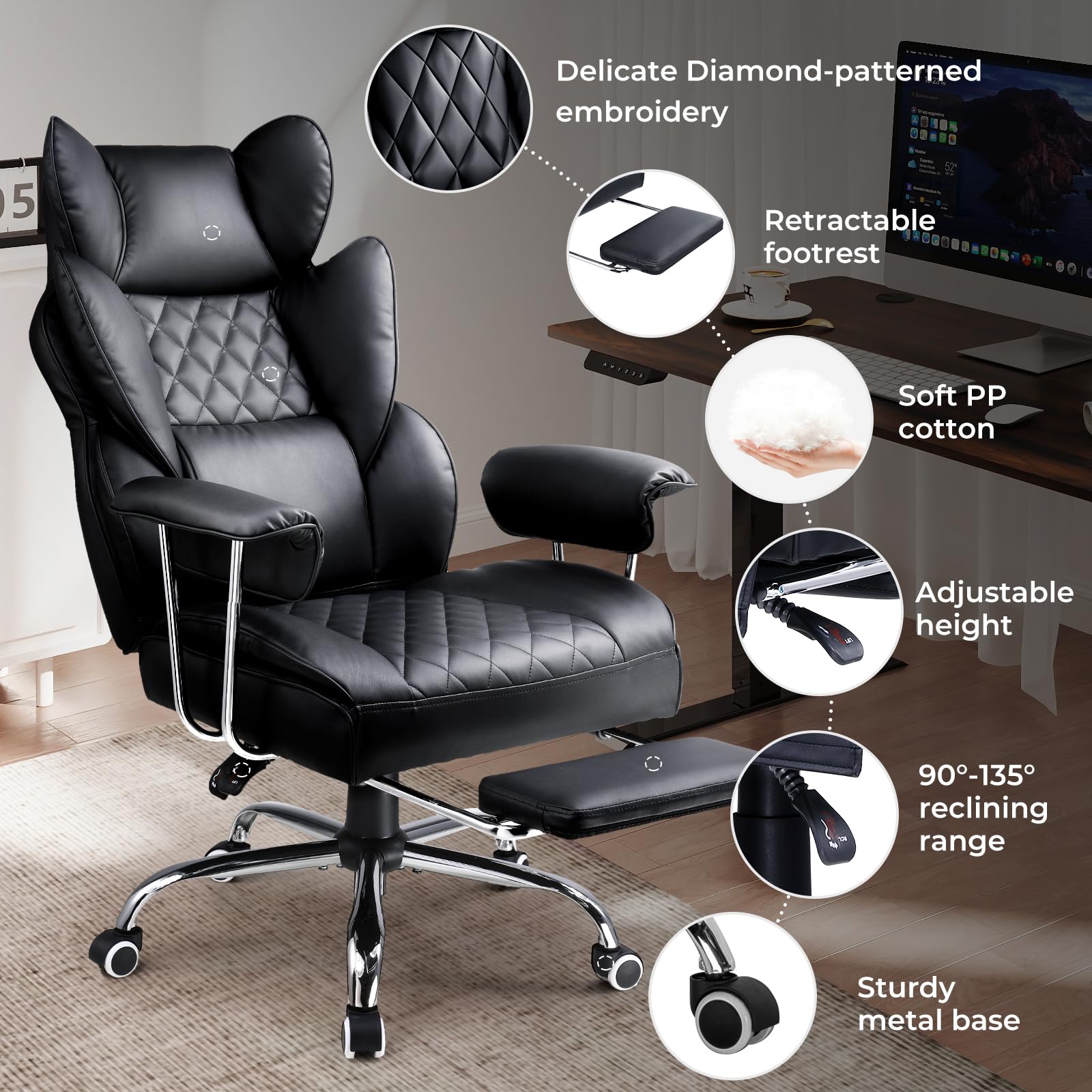 COMHOMA Big and Tall Office Chair - High Back Ergonomic Executive Chair with Footrest, Lumbar Support & Adjustable Armrests | Premium Leather Gaming Chair for Home Office, Computer Desk & Workspace Comfort