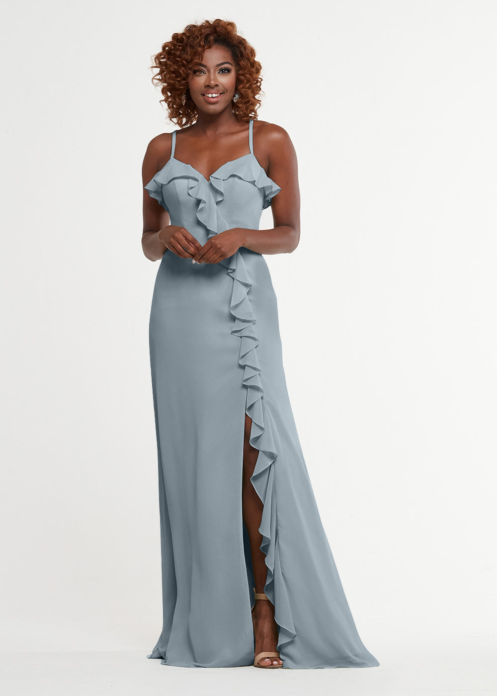 Elegant 80174 Chiffon A-Line Bridesmaid Dress with Ruffles & High Slit - Perfect for Weddings, Formal Events & Special Occasions