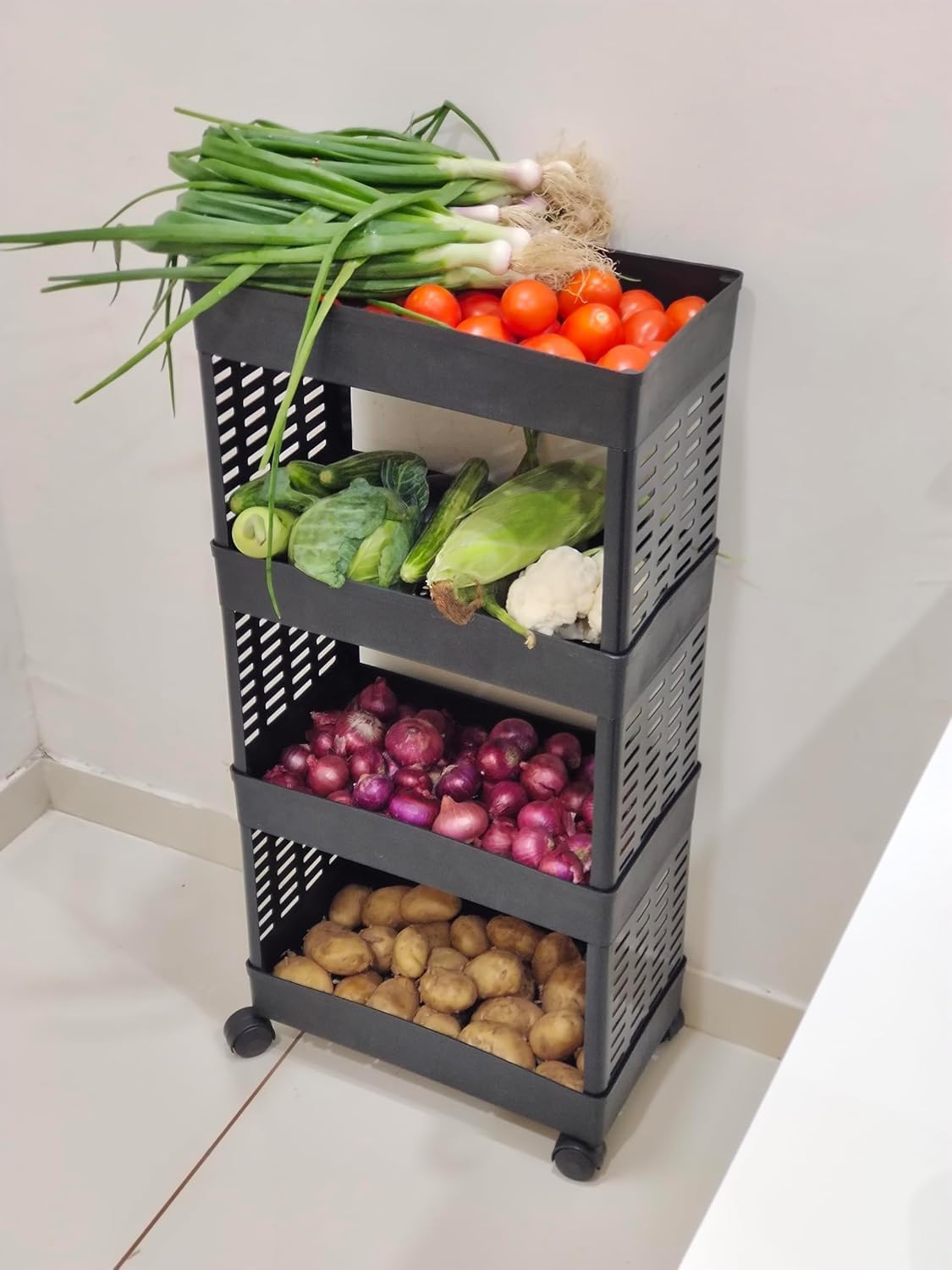 4-Tier Plastic Corner Shelf Organizer - Multipurpose Kitchen Storage Rack for Dishes, Spices & More - Space-Saving Floor Mount Design (Black) - Perfect for Small Kitchens, Bathrooms & Pantries