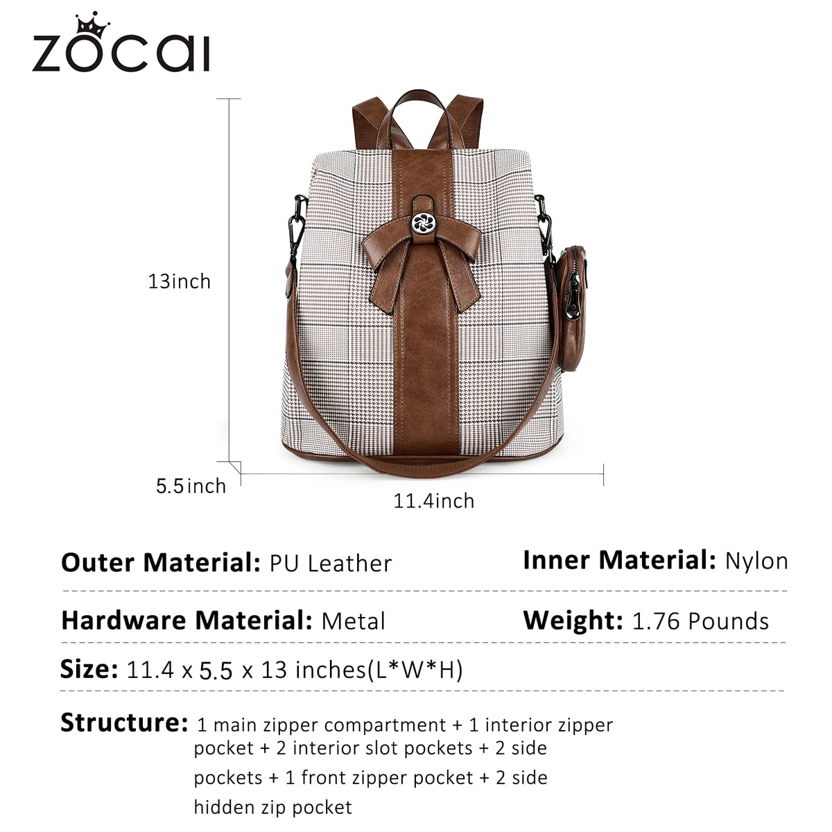 ZOCAI Women's Fashion Backpack Purse - PU Leather Anti-Theft Shoulder Bag & Satchel Daypack for Work, Travel & Daily Use