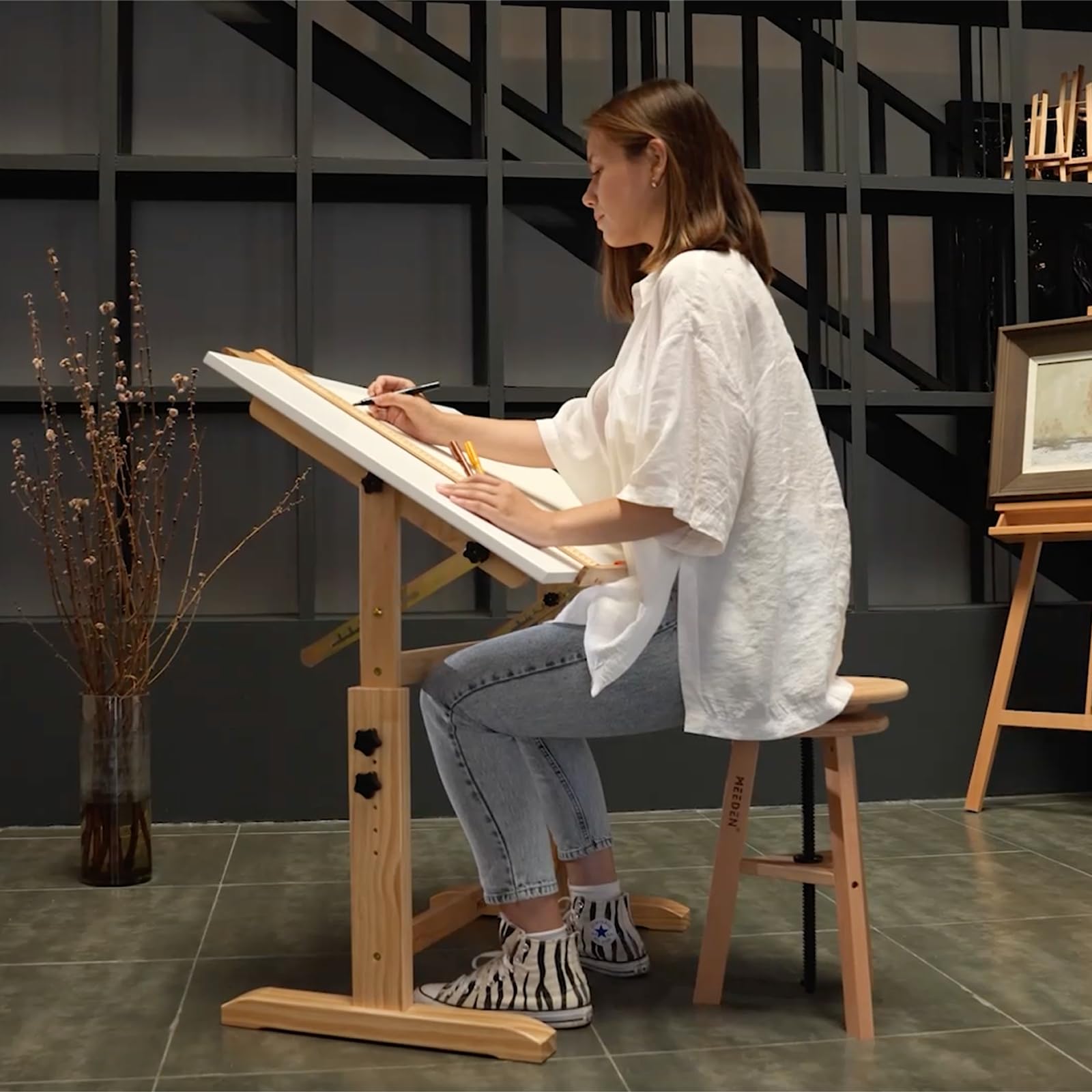 MEEDEN Adjustable Height White Board Drafting Table with Stool Set - Tiltable Drawing Desk & Wooden Artist Stool for Writing, Sketching, Painting - Perfect for Art Studio, Home Office & Classroom Use