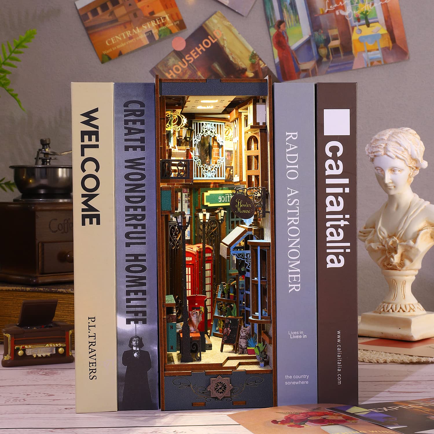CUTEROOM DIY 3D Wooden Book Nook Kit with Sensor LED Light - Miniature Bookshelf Insert Decor Craft for Adults - Perfect Gift for Book Lovers & Home Office Decoration (SL010)