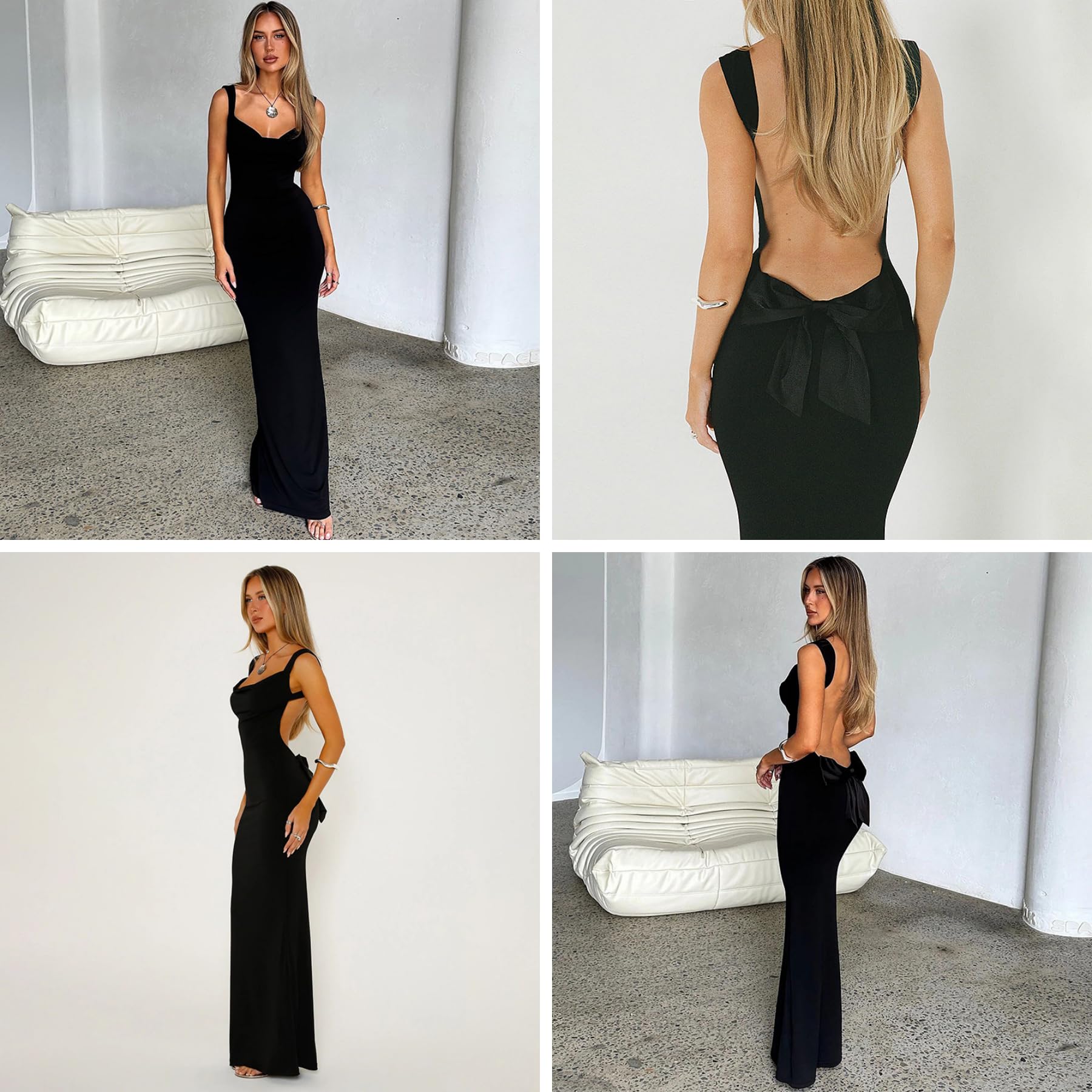 RARITYUS Women's Elegant Satin Bow Maxi Dress - Sexy Cowl Neck Backless Wedding Guest Dress for Cocktail Party & Evening Gown | Perfect for Formal Events, Date Nights & Special Occasions