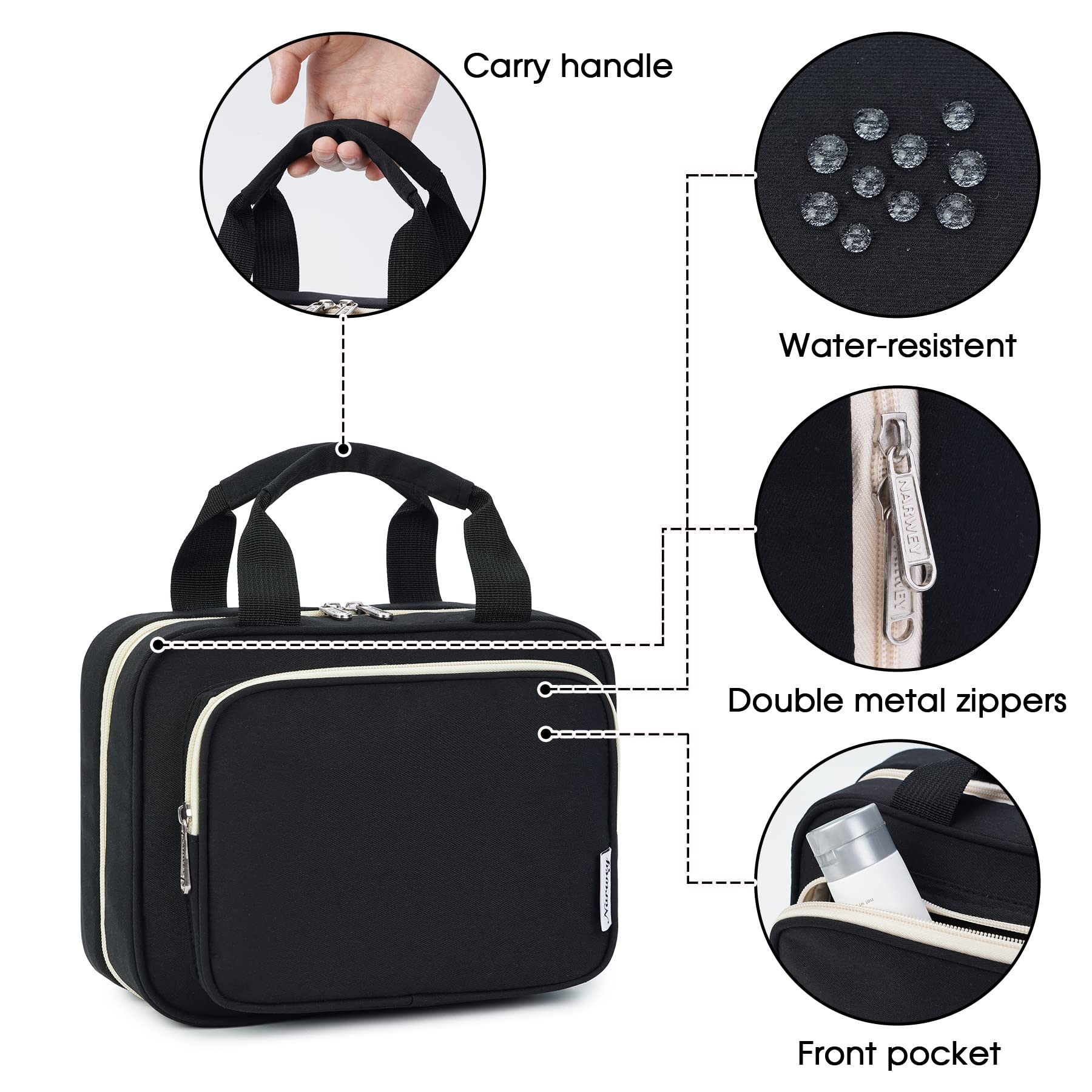 Narwey Hanging Toiletry Bag for Women - Travel Makeup Organizer with Multiple Pockets, Water-Resistant Cosmetic Bag for Toiletries & Essentials (Medium, Black) - Perfect for Airplane Travel, Camping & Gym Use