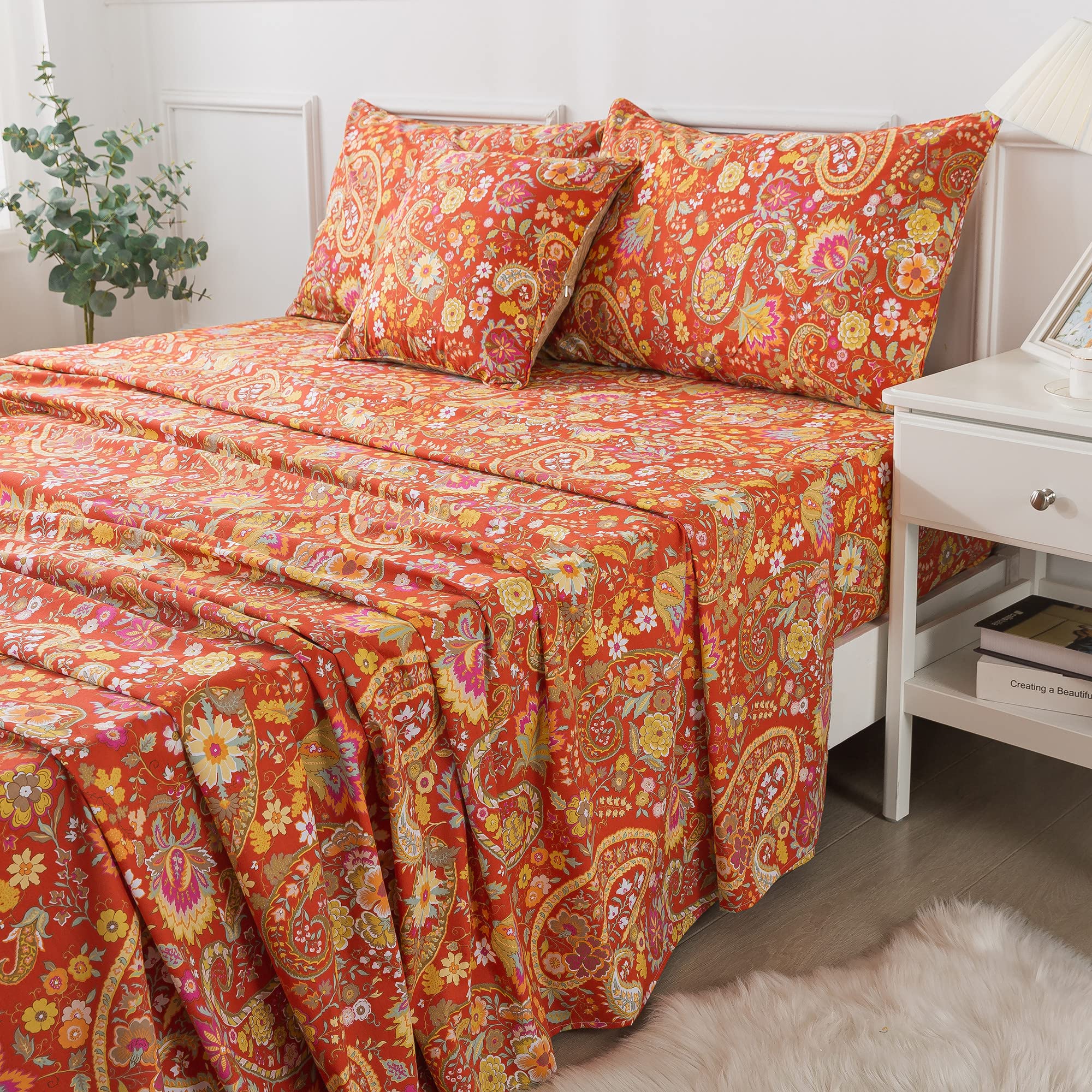 Luxury 7-Piece Orange Paisley Duvet Cover Set King Size - 1 Duvet Cover, 1 Flat Sheet, 1 Fitted Sheet & 4 Pillowcases for Bedroom Decor & Comfort