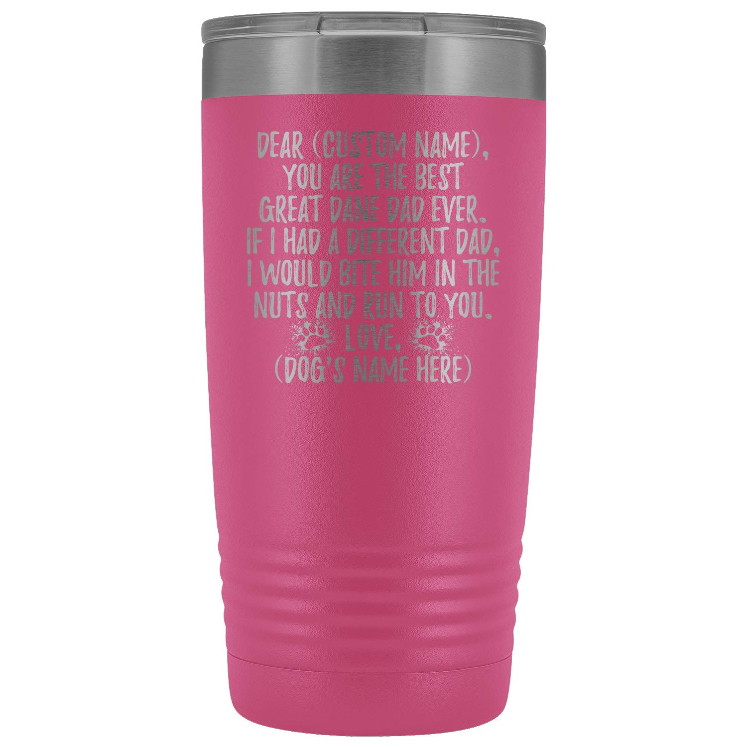Personalized Great Dane Dog Dad Tumbler - 20oz Insulated Stainless Steel Cup for German Mastiff Owners - Custom Dog Lover Gift for Men - Pink Travel Mug for Coffee & Tea - Perfect for Work, Gym & Outdoor Adventures