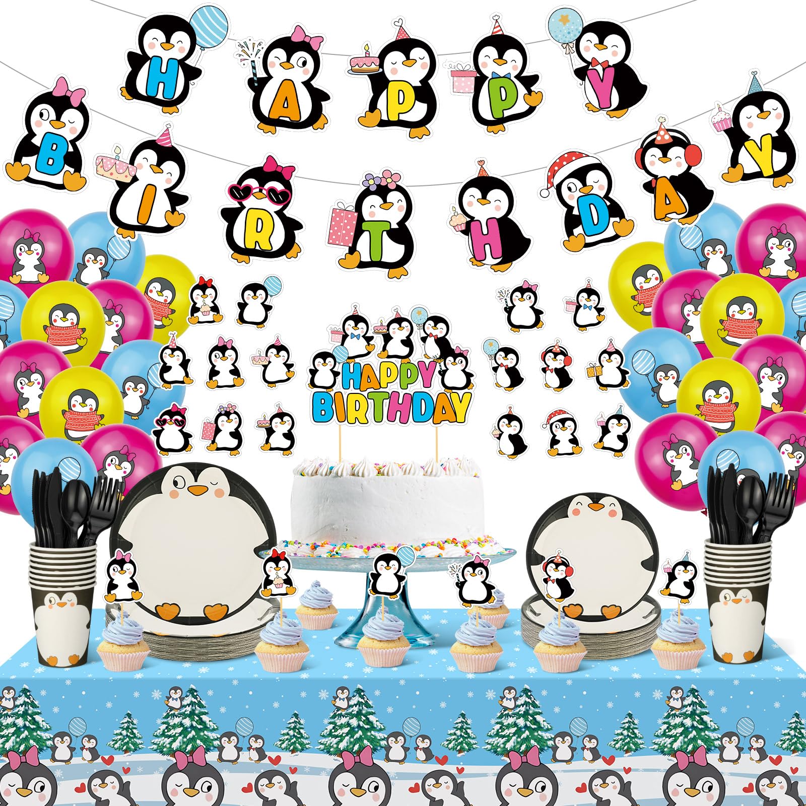 Yaomiao 133 Pcs Penguin Themed Birthday Party Decorations Set - Includes Happy Birthday Banner, Balloons, Cake Topper, Tablecloth, Plates, Cups & Cutlery for Winter Birthday Parties & Baby Showers | Perfect for Kids' Birthday Celebrations, Baby Showers & Holiday Events