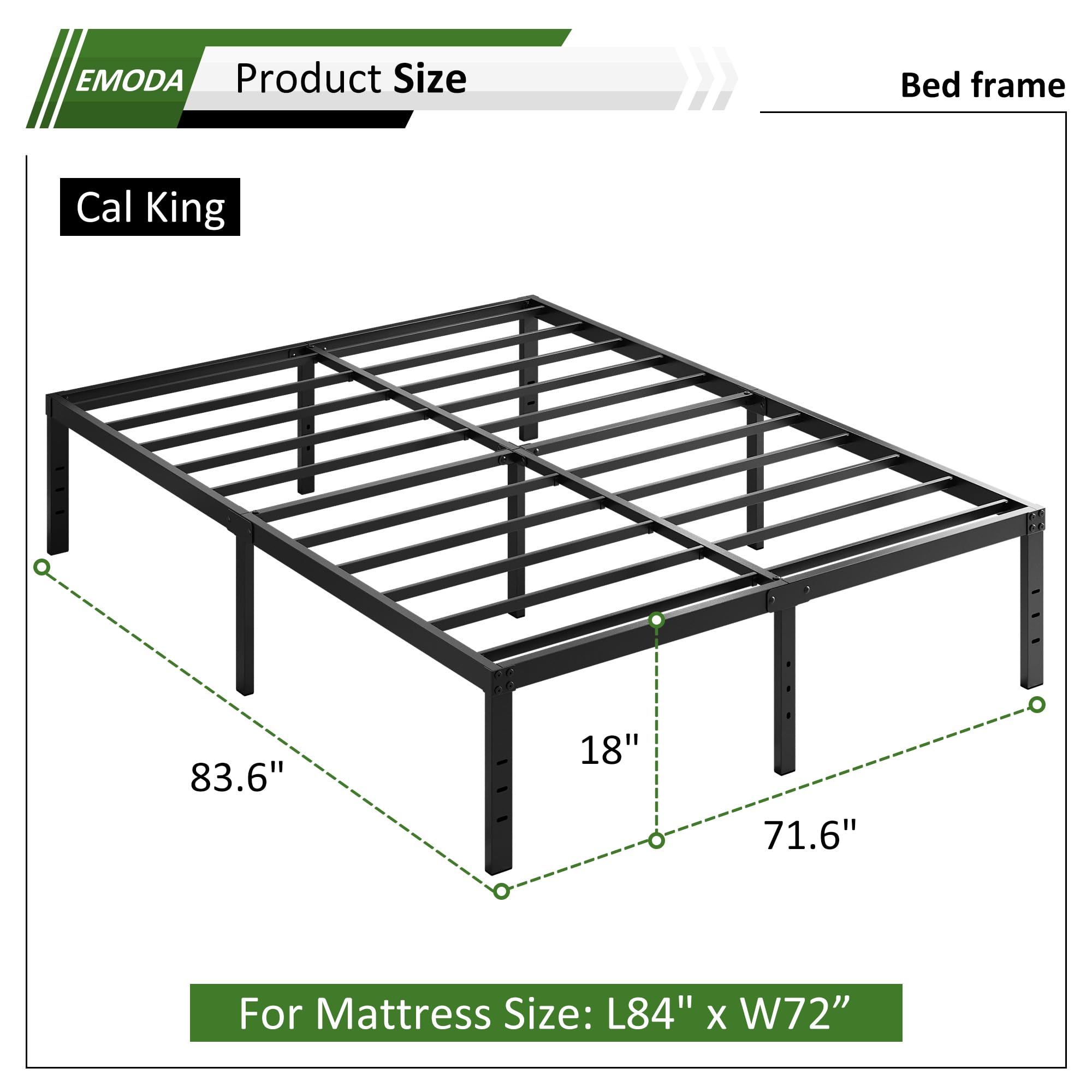 EMODA 18 Inch Heavy Duty California King Bed Frame - Tall Metal Platform with Large Storage Space, No Box Spring Needed, Noise Free, Black - Perfect for Master Bedrooms & Guest Rooms