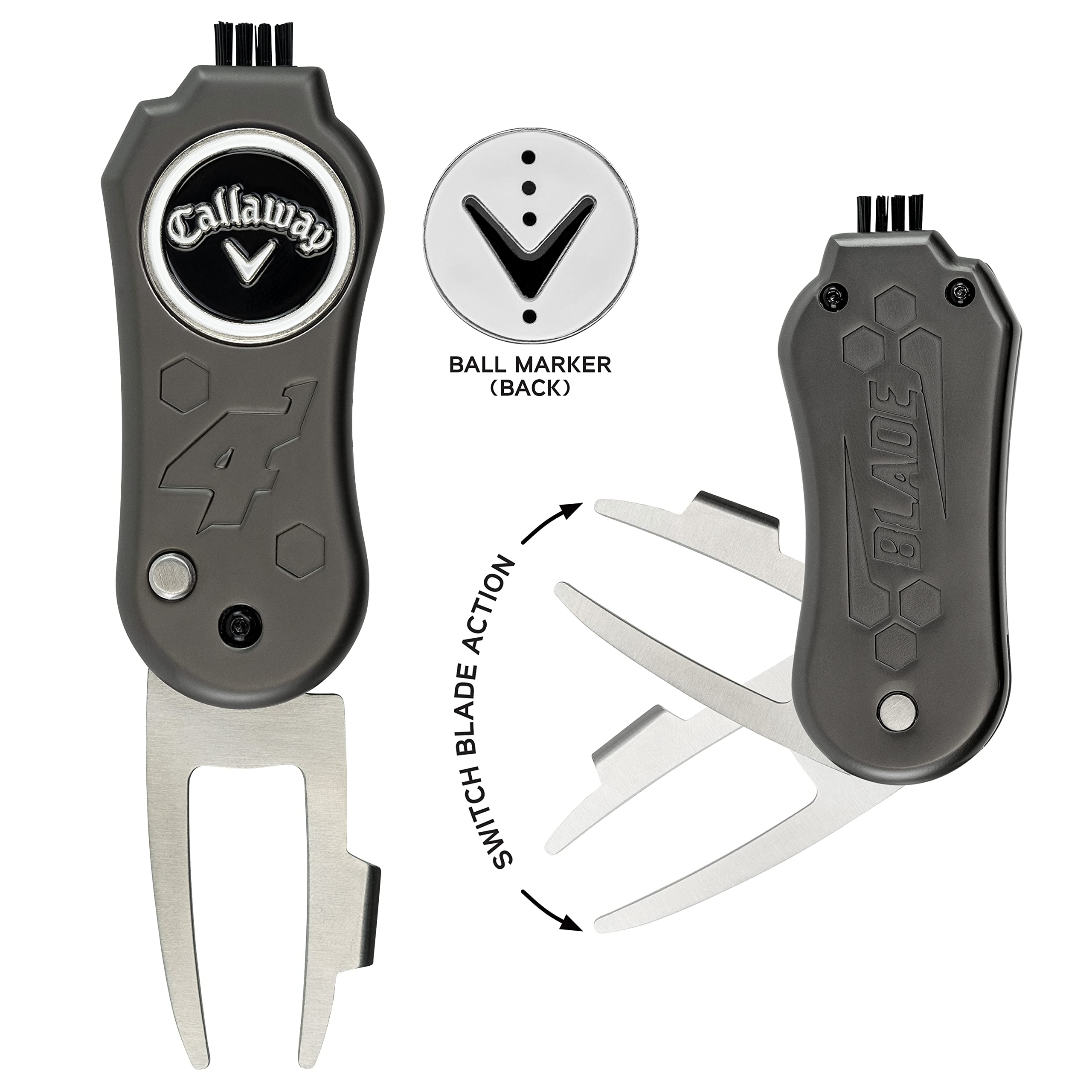 Callaway 4-in-1 Blade Divot Repair Tool - Black Switch Blade 4-Function Golf Accessory with Ball Marker & Club Cleaner | Perfect for Golf Course Repair & Practice Sessions