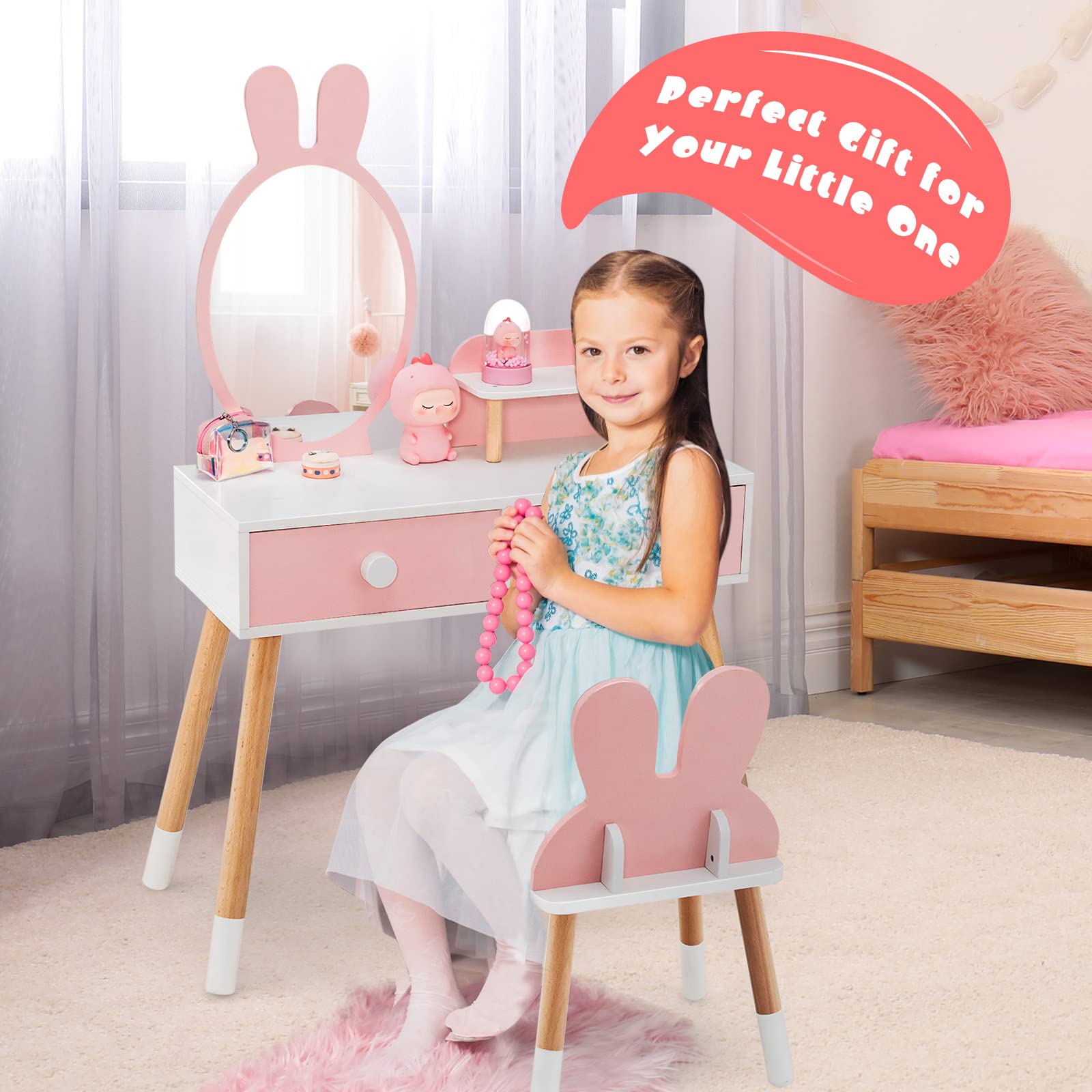 HONEY JOY Kids Vanity Set - Rabbit Themed Wooden Makeup Table & Chair with 2 Large Drawers, Beech Wood Legs, Princess Dressing Beauty Table for Girls - Pink Vanity with Mirror & Stool | Perfect for Bedroom Decor, Birthday Gifts & Pretend Play