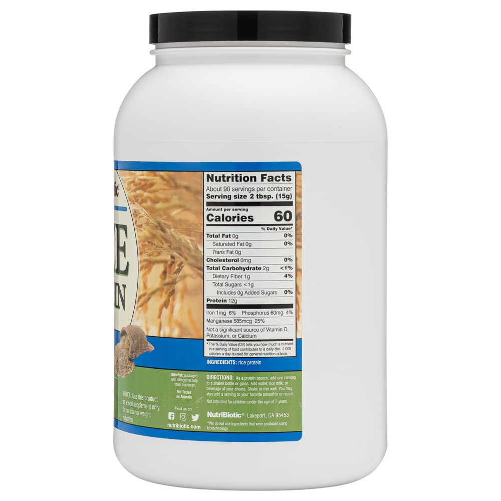 NutriBiotic Plain Rice Protein Powder, 3 Lb (1.36kg) - Vegan, Gluten-Free, Non-GMO, Keto Friendly, Low Carb Protein Supplement for Smoothies, Baking & Post-Workout Recovery | Easy to Digest & Chemical-Free
