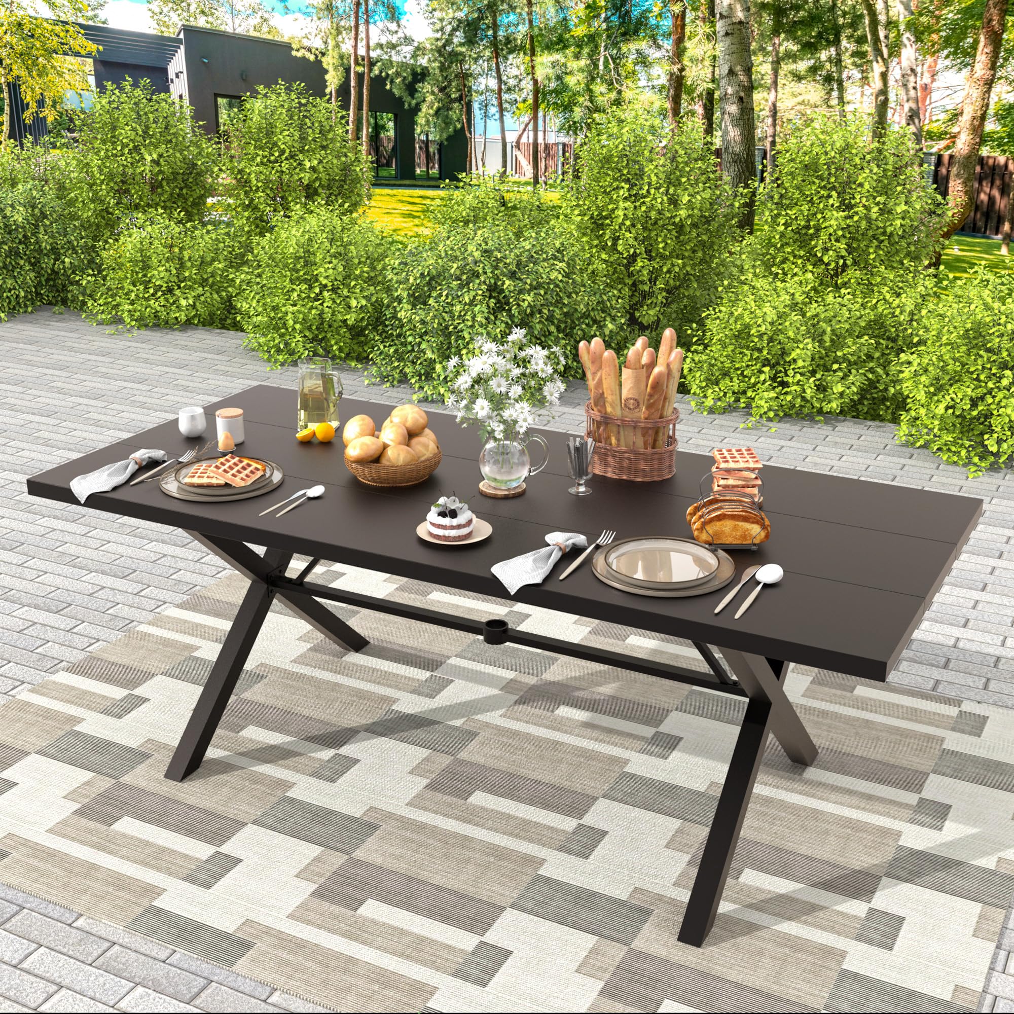 Gotland 7-Piece Outdoor Dining Set for 6 - Modern Rectangular Patio Table with Umbrella Hole & Metal Chairs - Blue Garden Furniture for Backyard, Lawn, Poolside & BBQ Gatherings