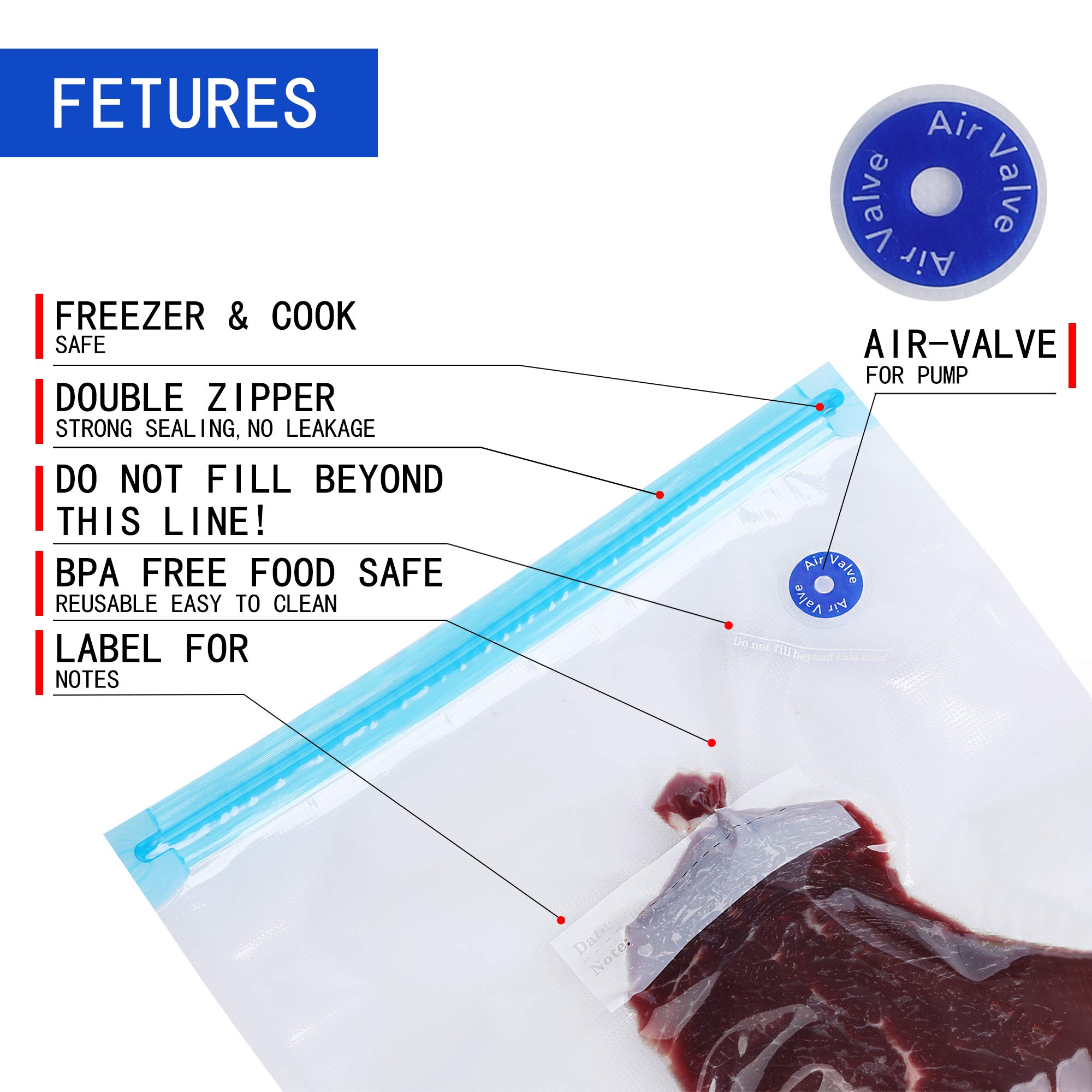 HESTIA 20-Pack Gallon Vacuum Storage Bags with Zipper - Clear Blue Plastic Food Saver Bags for Vacuum Sealer | Perfect for Meal Prep, Sous Vide & Long-Term Food Preservation