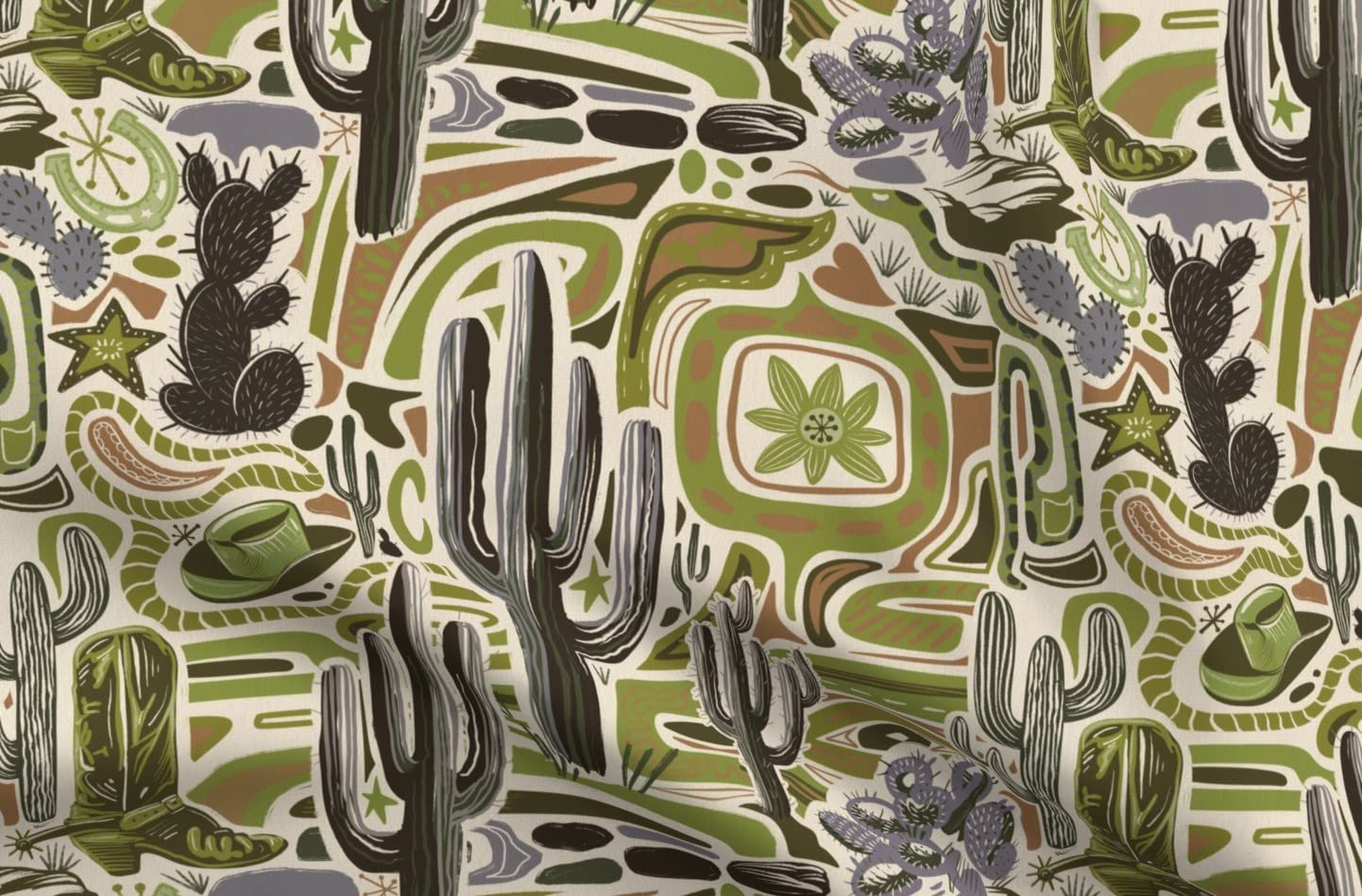 Organic Cotton Sateen Fabric by Spoonflower - Vintage Western Cowboy & Cactus Print Fat Quarter for Sewing, Quilting & Apparel | Perfect for Home Decor, DIY Crafts & Western-Themed Projects