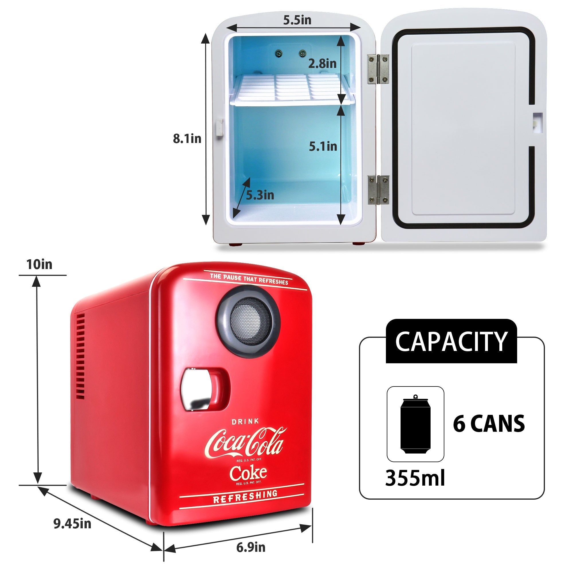 Portable 4L Coca Cola Cooler and Warmer with Bluetooth Speaker - 12V DC & 110V AC Power Cords - 6 Can Mini Fridge with Wireless Speaker - Perfect for Home Office, Dorm Room, Road Trips, and Outdoor Adventures - Red