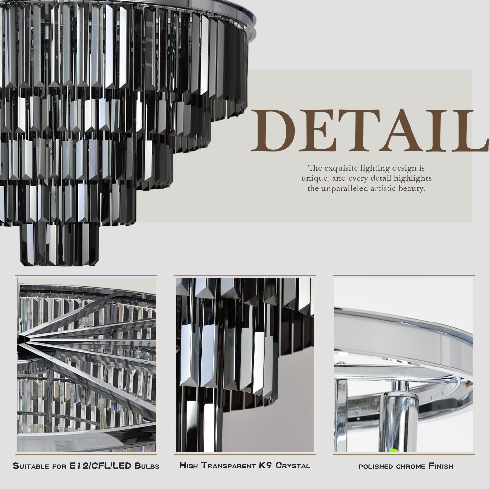 Luxury Chrome Smoke Crystal Modern Chandelier - 4-Tier Pendant Ceiling Light Fixture for Dining Room, Living Room, Bedroom & Girls Room (23.6