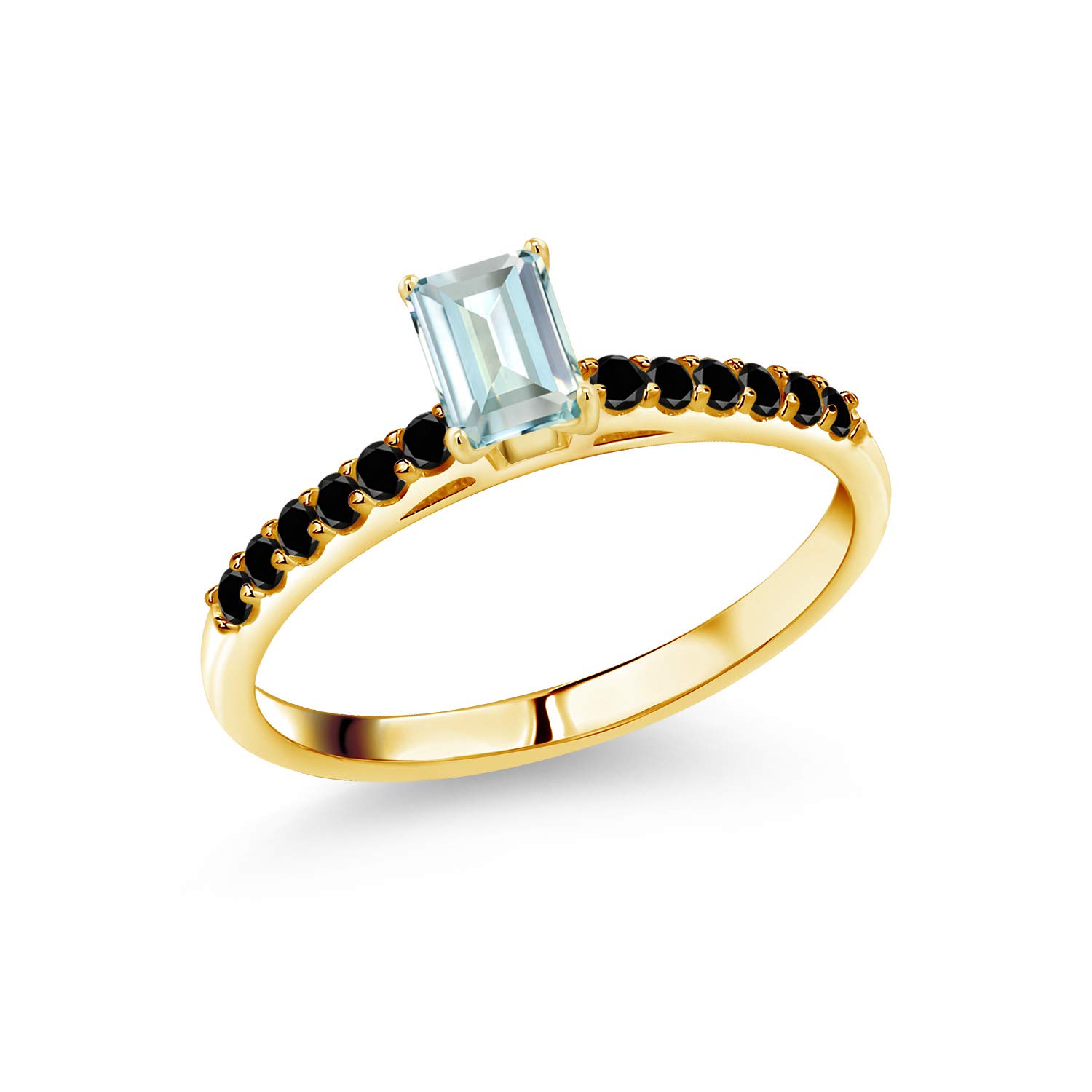 0.70 Ct Emerald Cut Sky Blue Aquamarine & Black Diamond Ring in 10K Yellow Gold | Elegant Gemstone Jewelry for Women | Perfect for Engagement, Anniversary & Special Occasions