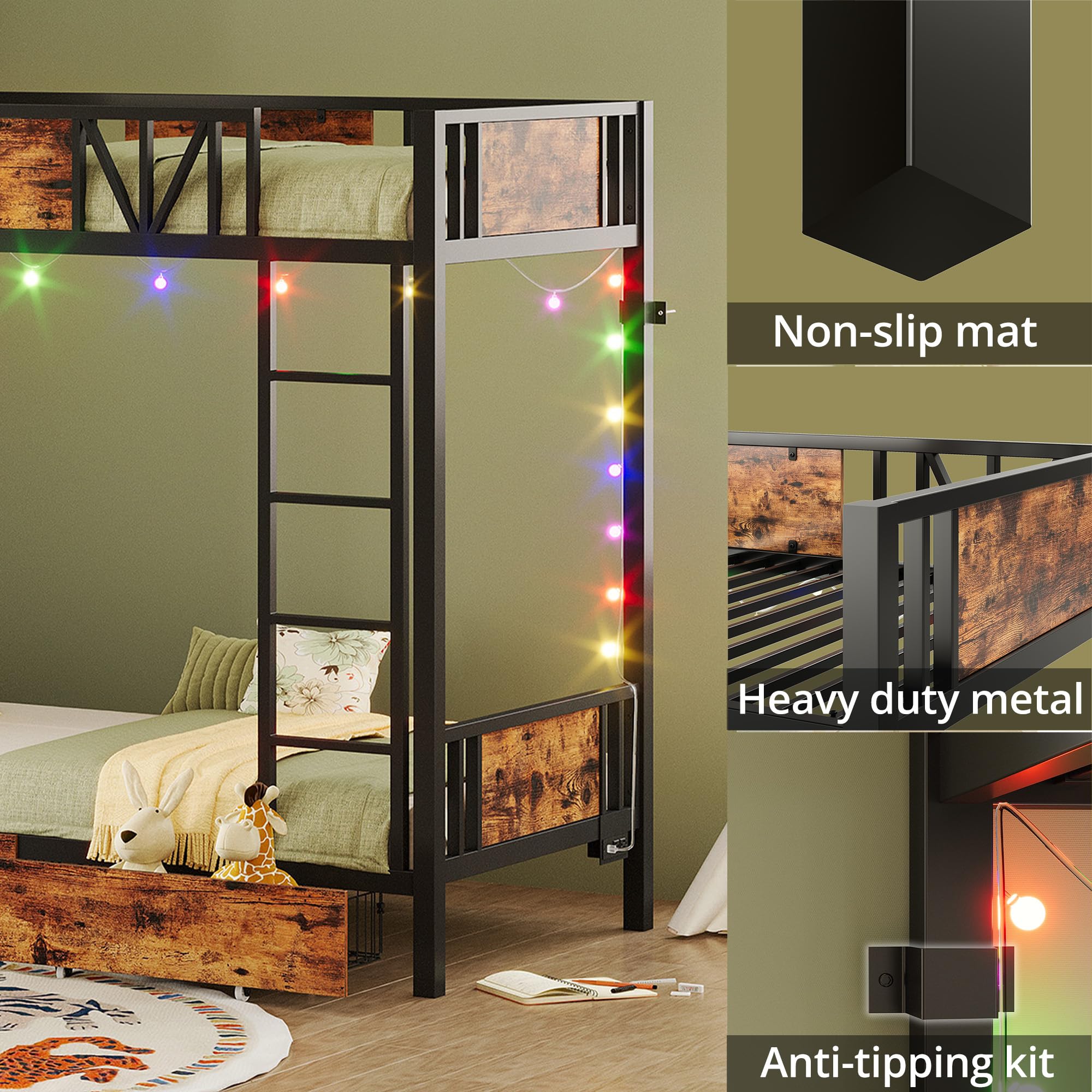 ANCTOR Metal Twin Bunk Bed with USB Power Outlet, Storage Drawers & LED Lights - Space-Saving Kids Bed Frame with Ladder, Quiet Design for Bedrooms, Dorms & Small Apartments