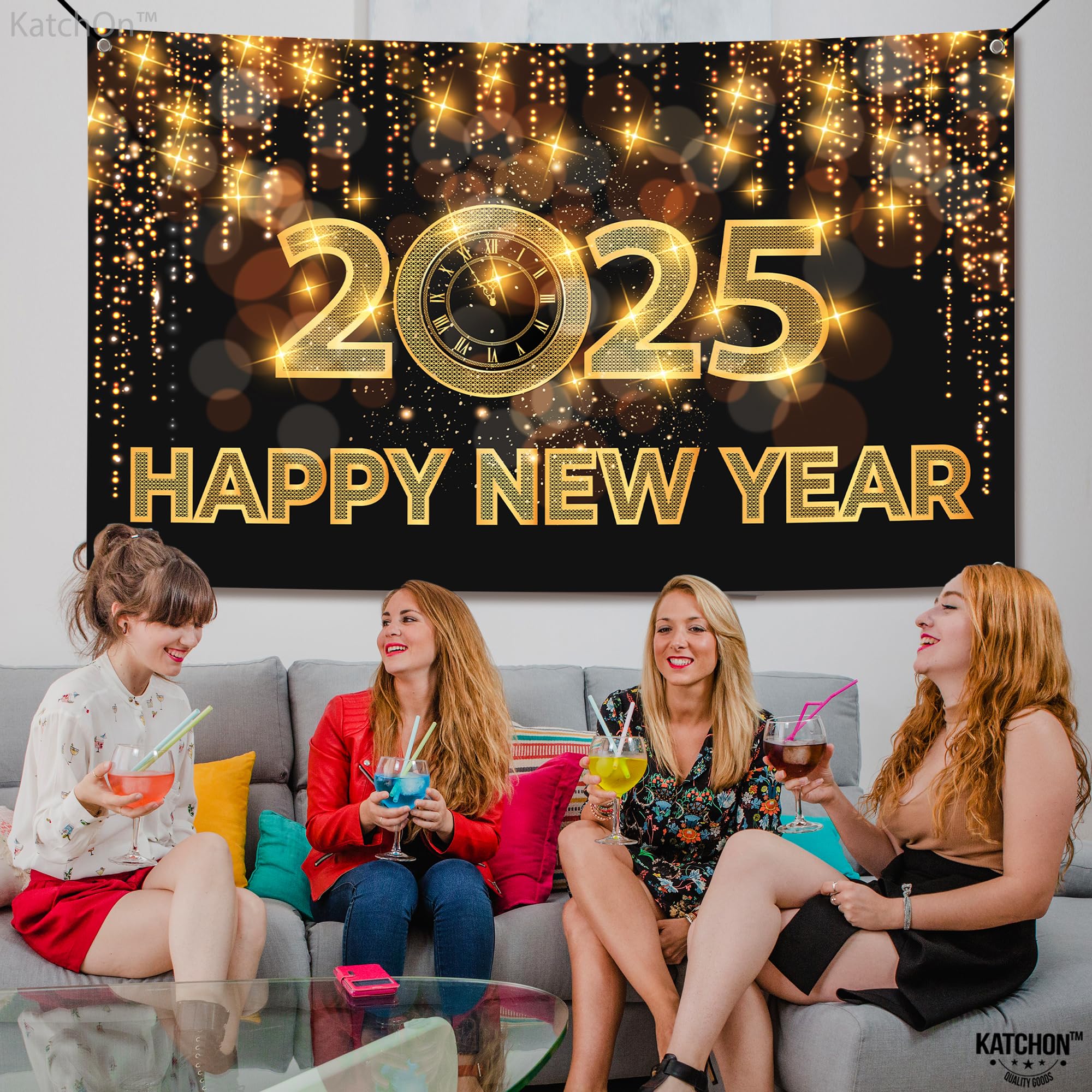 KatchOn 2025 New Year Banner - 72x44 Inch Large NYE Backdrop | Happy New Year Decorations & Party Supplies for 2025 | Perfect for New Year's Eve Celebrations, Home Decor, and Photo Booths