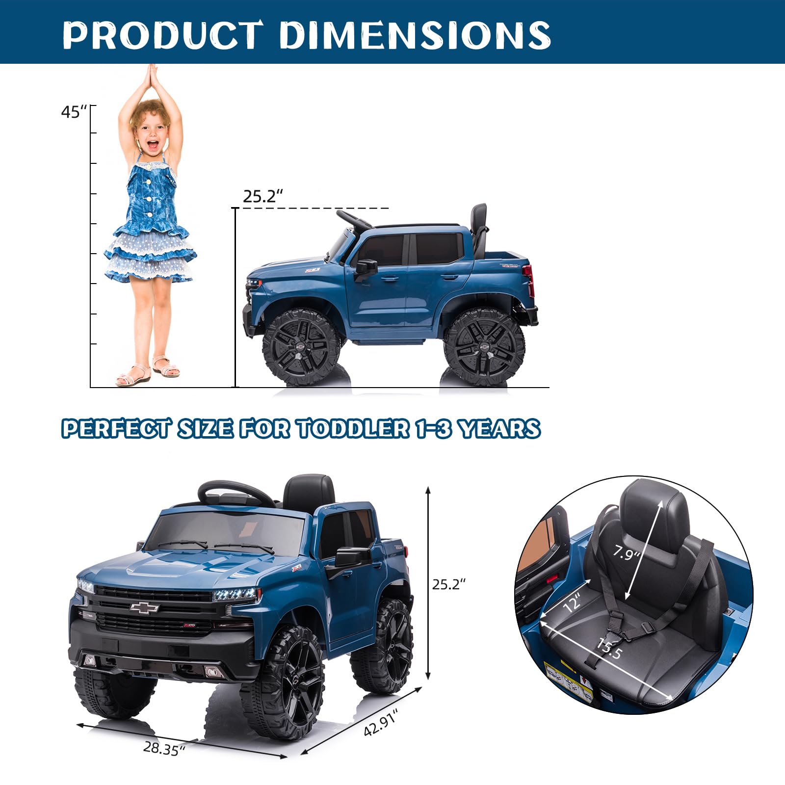12V Licensed Chevy Silverado Kids Ride On Car - Remote Control Electric Vehicle Toy with 4-Wheeler Suspension, Music & LED Lights, 3 Speed Settings (Blue) | Perfect for Outdoor Play, Birthday Gifts & Family Fun Activities