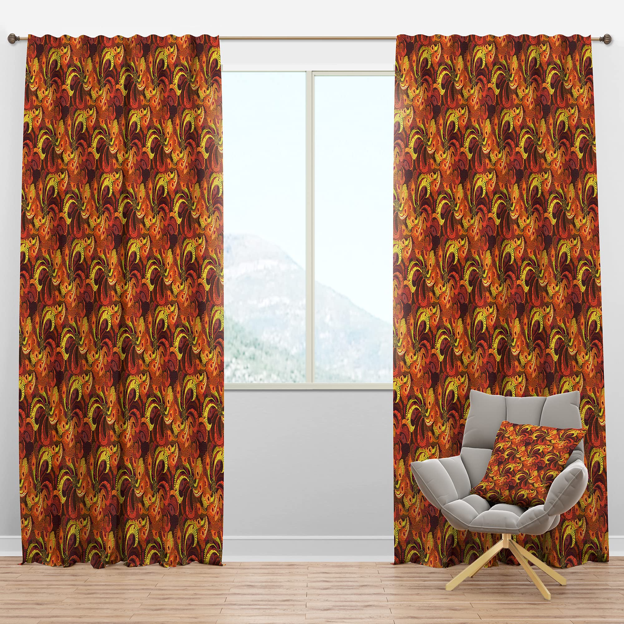 DesignQ Blackout Curtains - Thermal Insulated Single Panel (52x120 Inches) with Golden Orange & Red Peacock Feathers Pattern - Elegant Window Treatments for Bedroom & Living Room | Perfect for Light Blocking, Privacy & Energy Efficiency