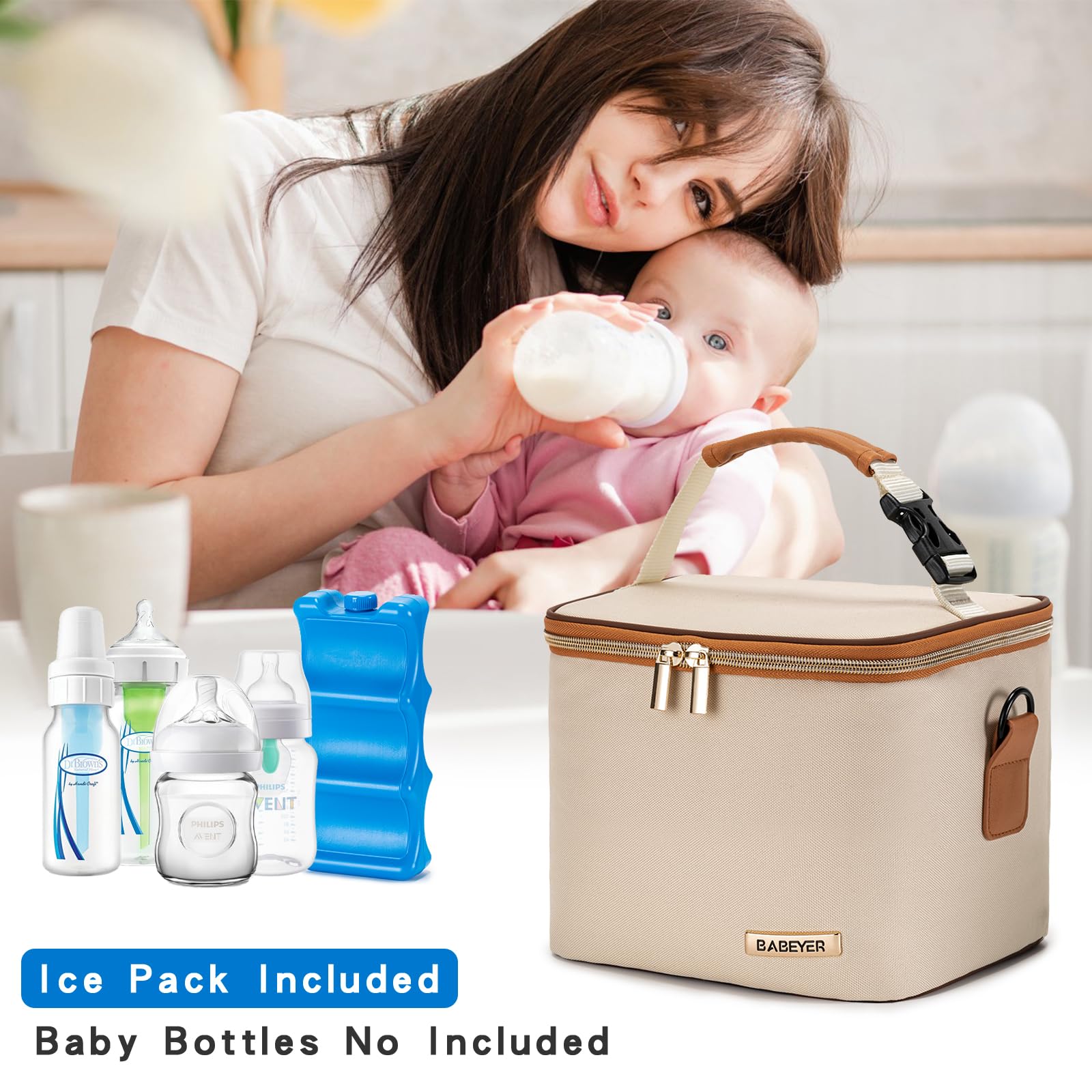 Premium Insulated Breastmilk Cooler Bag with Ice Pack - Holds 6 Baby Bottles (5oz Each) - Convenient Shoulder Strap for Nursing Moms & Daycare - Cream Color - Perfect for Work, Travel & On-the-Go Pumping