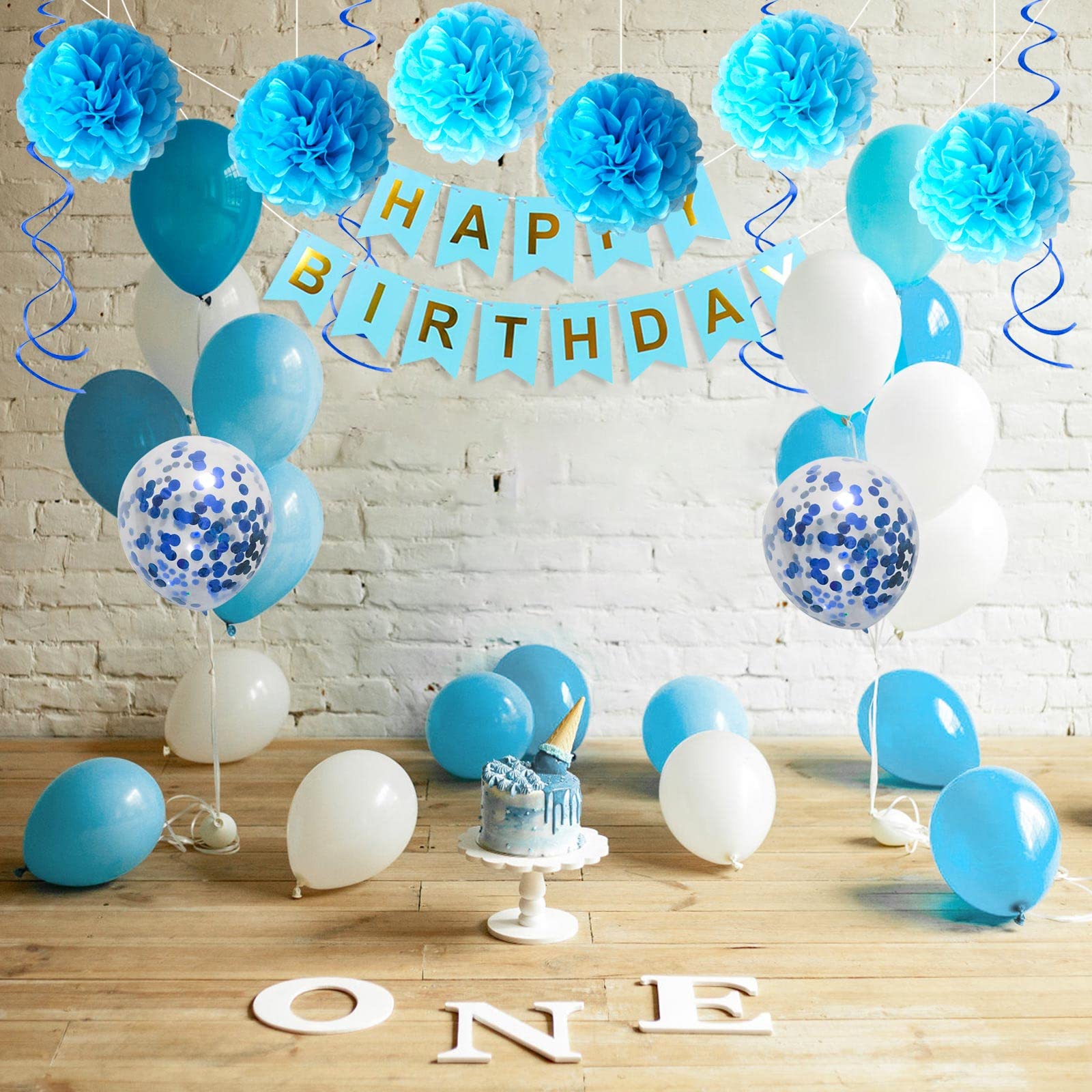 Blue Birthday Party Decorations Kit - HAPPY BIRTHDAY Banner, Spiral Charm, Paper Flower Ball & Balloons for Boys & Girls | Birthday Party Supplies for Indoor/Outdoor Decor