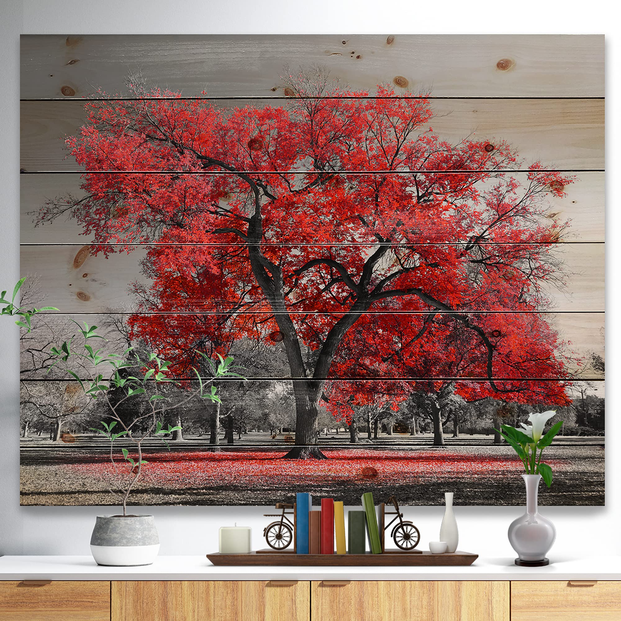 Big Red Tree On Foggy Day Nautical Coastal Wood Wall Decor - Rustic Pine Wood Art Panel with Landscape Print - Perfect for Living Room, Bedroom or Office Wall Decoration