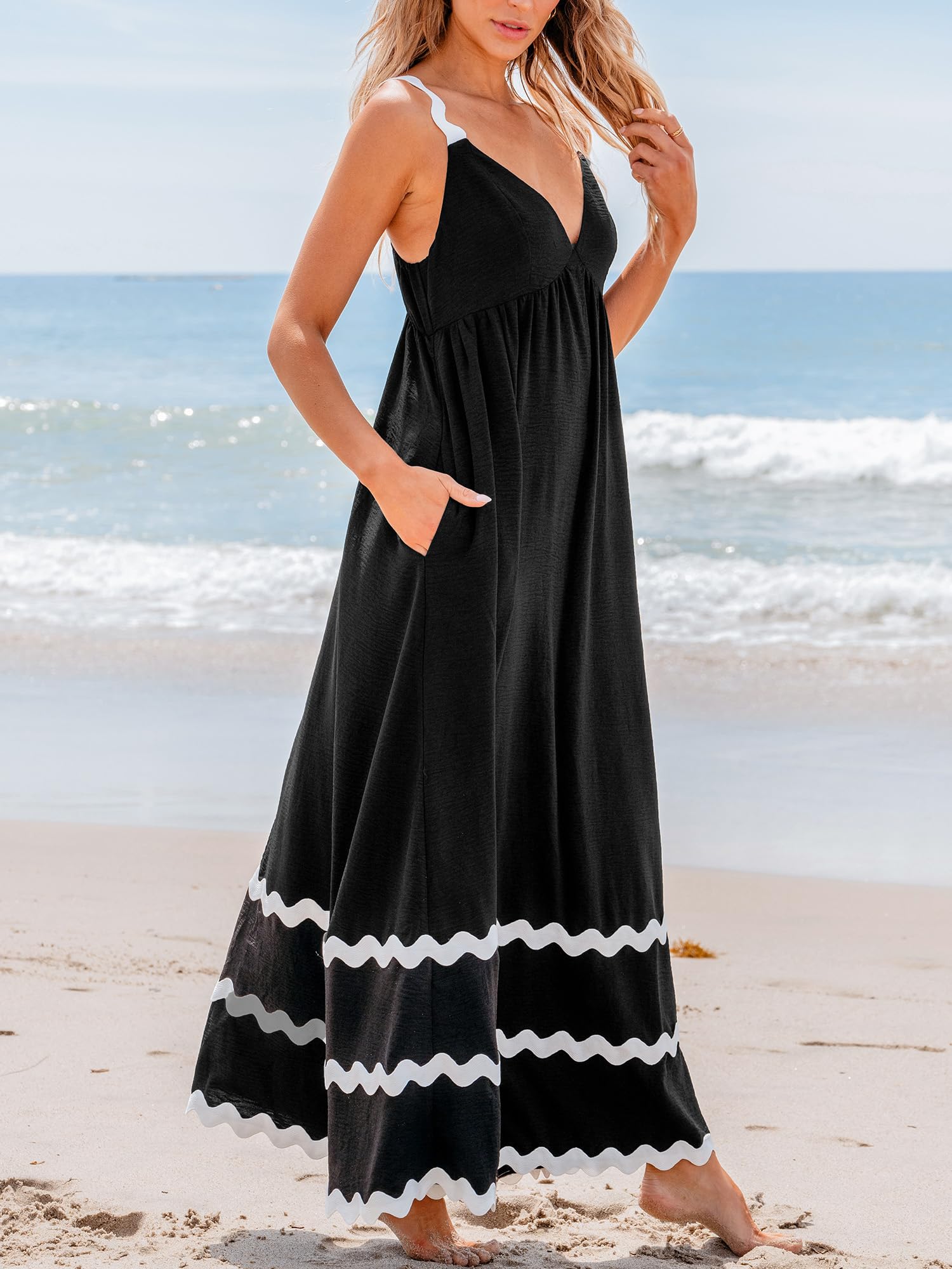 CUPSHE Women's Maxi Dress - V Neck Summer Sundress, Sleeveless Flowy Long Dress with Pockets | Beach Cover Up, Wedding Guest Dress, Casual Party Outfit