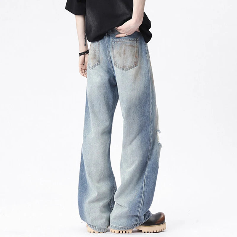 American Men's Distressed Denim Pants - High Street Fashion Straight Wide Leg Jeans with Hole Design (Style 9W1671) | Casual Wear, Street Style & Everyday Outfits