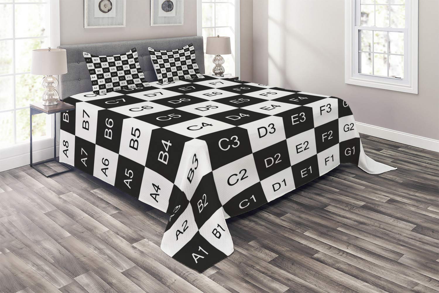 Ambesonne King Size 3-Piece Checkers Game Bedspread Set - Monochrome Chess Board Design with Tile Coordinates Mosaic Pattern, Includes Quilted Coverlet & 2 Pillow Shams (Black & White) | Perfect for Game Room Decor, Bedroom Makeover or Chess Lover's Gift