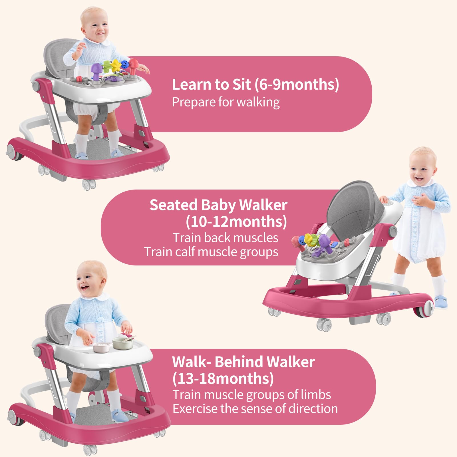2-in-1 Baby Walker with Wheels | Adjustable Height & Speed Learning Activity Walker | Foldable Infant Walker with Removable Play Tray & Footrest | Walk-Behind & Seated Modes for Boys & Girls 6-18 Months | Perfect for Early Walking Practice & Playtime Development