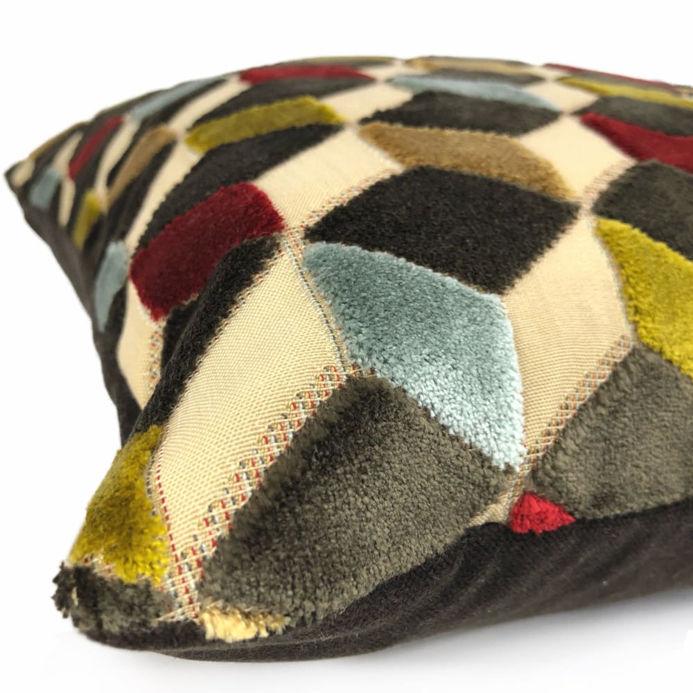 Metropol Geometric Cut Velvet Throw Pillow Covers - Brown, Red, Blue & Beige Cubes Design - Luxury Sofa & Bedroom Decor Accent Pillows