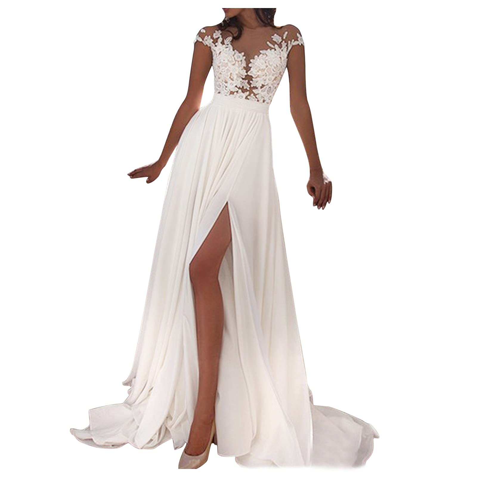 Elegant White Lace Wedding Dress for Women - V-Neck Long Bridal Gown with Crochet Details & Backless Design | Perfect for Beach Weddings, Evening Galas & Romantic Photoshoots