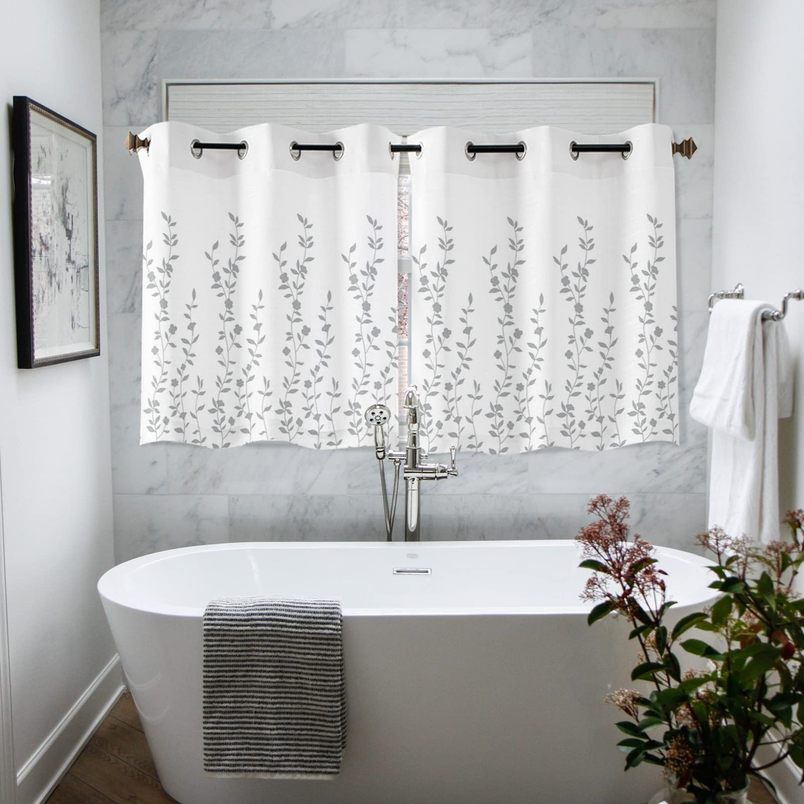 White Grey Floral Window Curtains 45 Inch Length - 2 Panel Grommet Kitchen Cafe Drapes for Living Room, Bedroom & Laundry Room | Summer Flower Plant Design Window Treatment for Home Decor