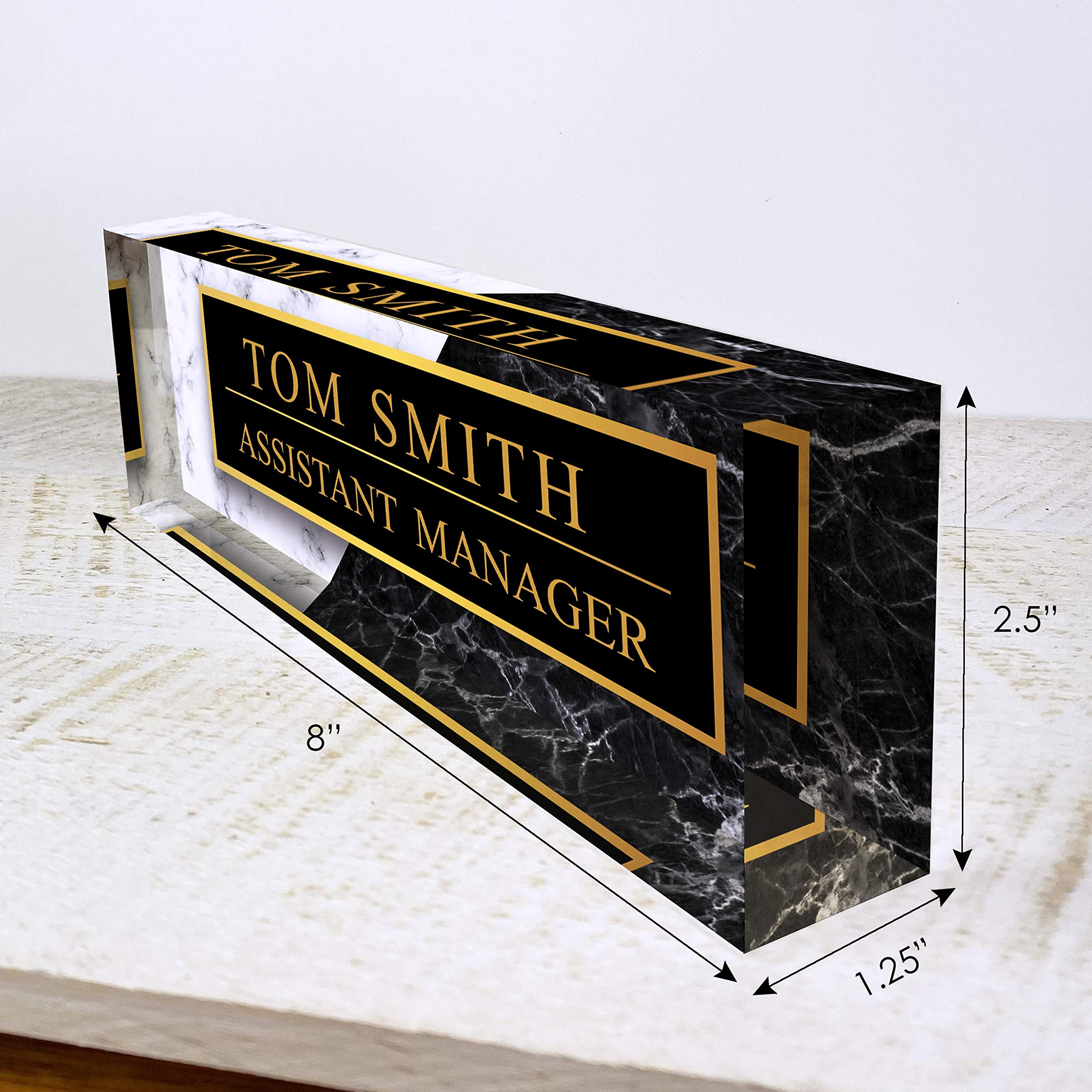 Personalized Black & White Marble Acrylic Office Desk Name Plate - Custom Engraved Name Sign for Desk Decor (8