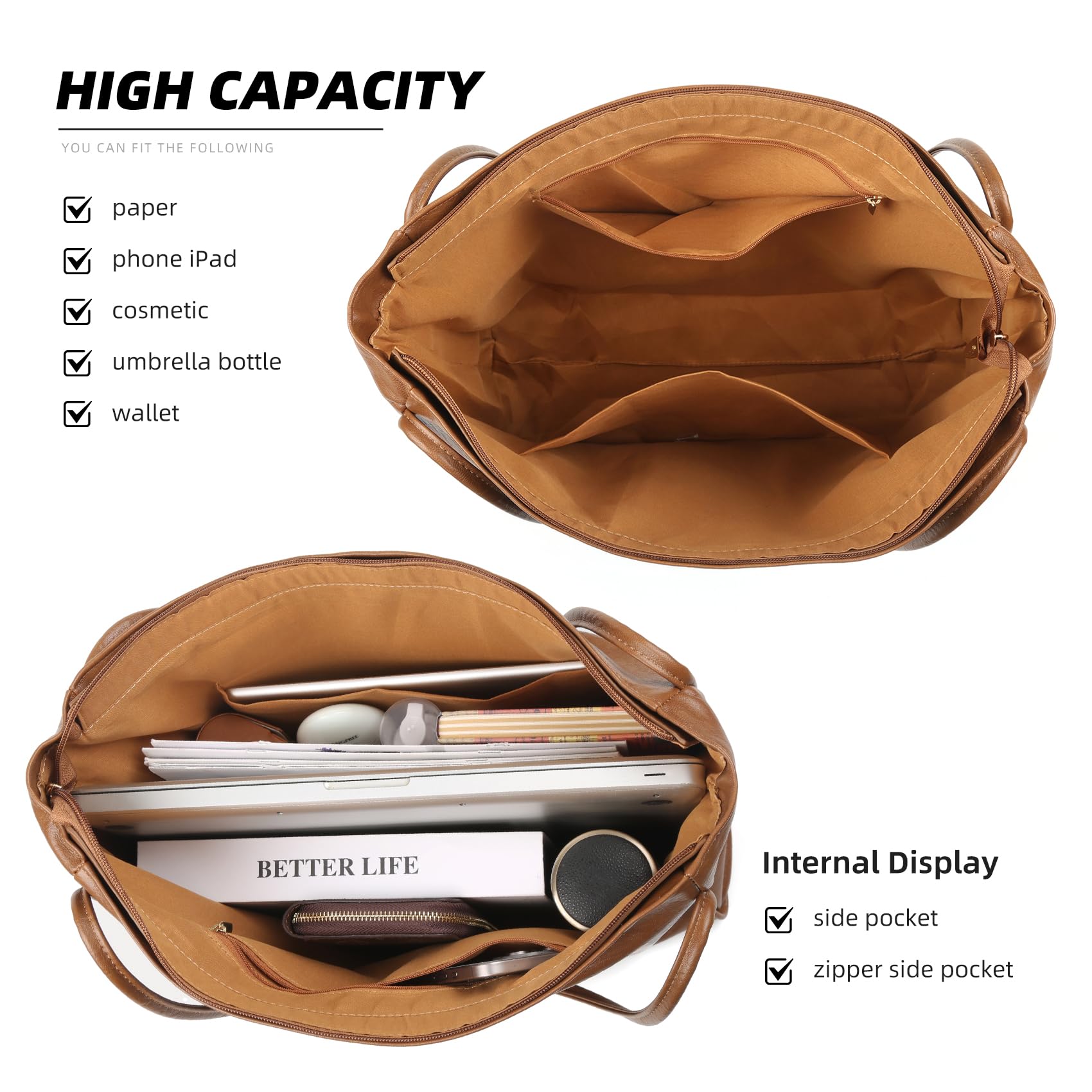 Stylish Vegan Leather Tote Bag for Women - Zippered Work Purse & Shoulder Handbag - Perfect for Office, Travel & Everyday Use