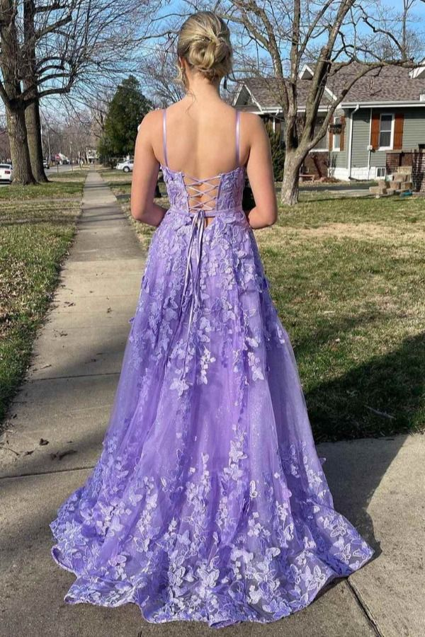 Lavender Spaghetti Strap A-Line 3D Lace Floral Long Prom Dress J6083 - Elegant Evening Gown for Homecoming, Wedding, and Formal Events