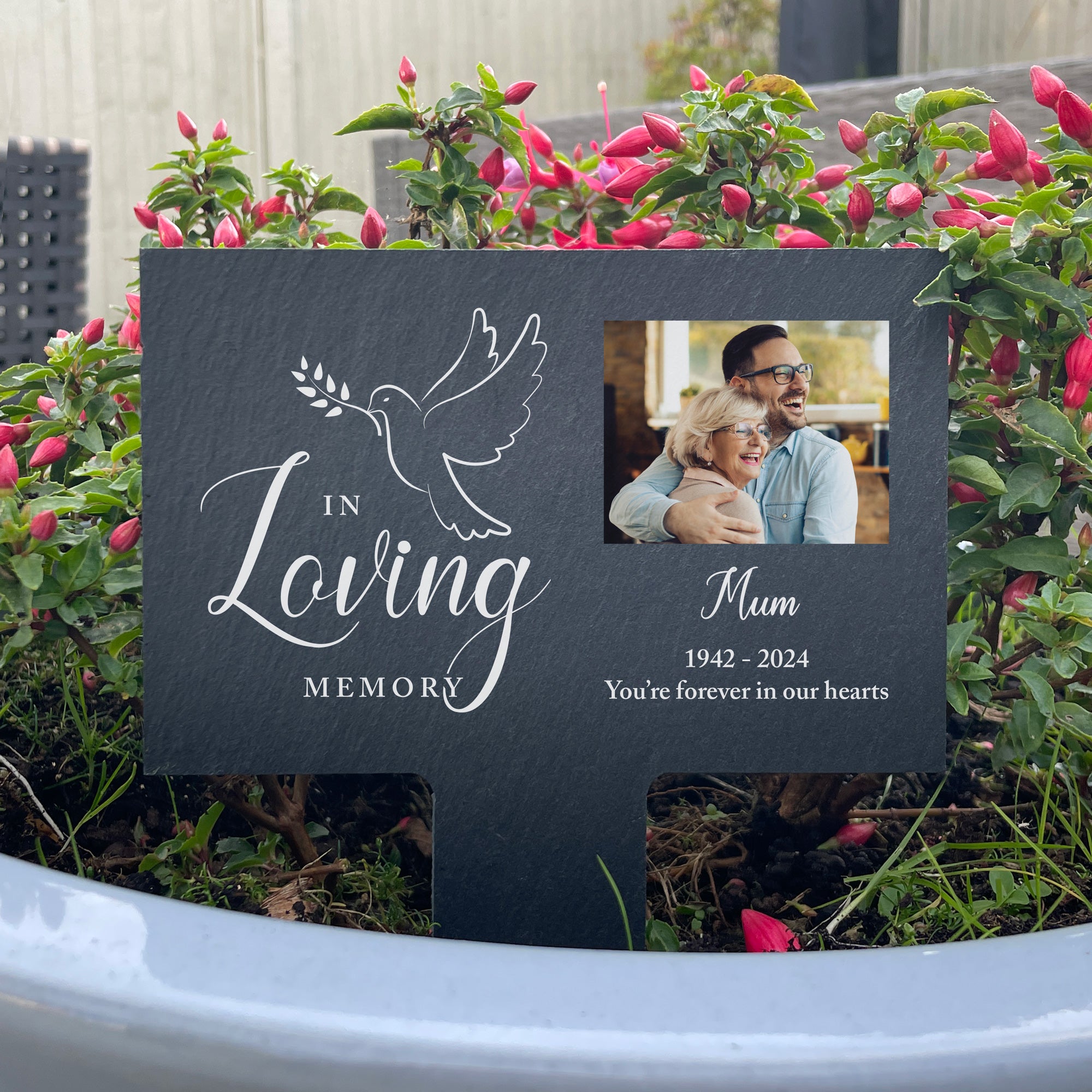 Personalized Large In Loving Memory Dove Photo Slate Plant Marker - Memorial Garden Decor for Graves, Headstones & Flower Beds