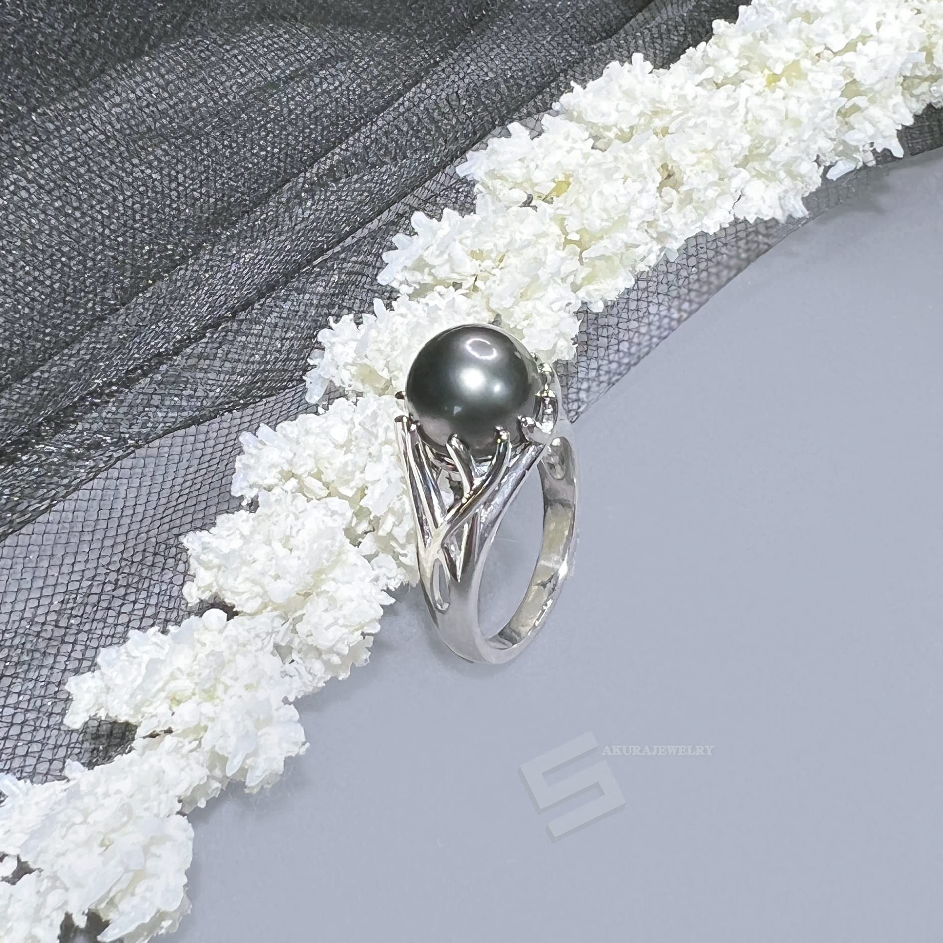 AAA Grade 10-11MM Tahitian Black Pearl Ring in Sterling Silver - Genuine South Sea Cultured Pearl Jewelry for Women - Perfect Valentine's Day Gift, Anniversary Present & Special Occasion Jewelry (Size US 6)