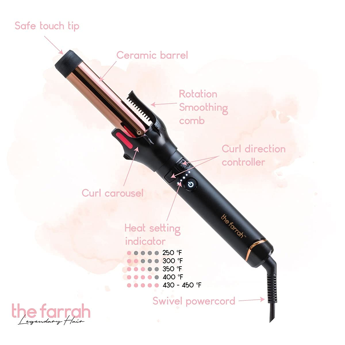 Farrah 1 Inch Automatic Hair Curling Iron Wand - Professional Ceramic Tourmaline Curler for Beach Waves & Loose Curls - Perfect for Home Styling, Salons & Travel