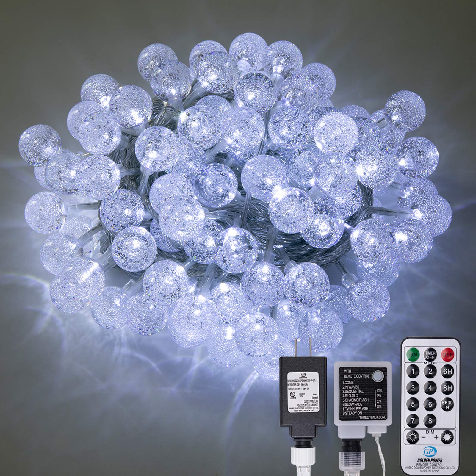 100 LED 49 FT Crystal Bubble Ball Fairy String Lights with Remote - 8 Lighting Modes, Extendable Design for Indoor/Outdoor Wedding, Christmas Tree, Garden, Patio & Party Decor (White) - Perfect for Bedroom, Backyard, Holiday & Special Event Lighting