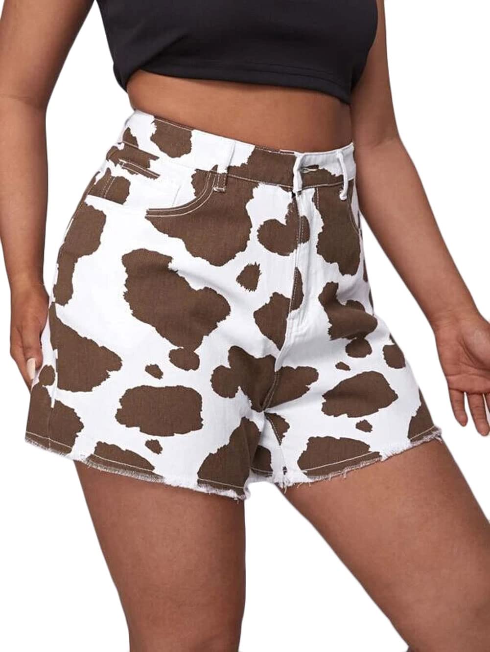 CHARTOU Women's High Waist Cow Print Denim Shorts - Distressed Raw Hem Casual Jean Shorts for Summer Outfits & Streetwear Fashion